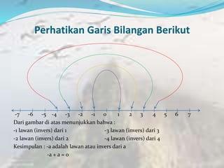 Perhatikan Garis Bilangan Berikut
-7 -6 -5 -4 -3 -2 -1 0 1 2 3 4 5 6 7
Dari gambar di atas menunjukkan bahwa :
-1 lawan (invers) dari 1 -3 lawan (invers) dari 3
-2 lawan (invers) dari 2 -4 lawan (invers) dari 4
Kesimpulan : -a adalah lawan atau invers dari a
-a + a = 0
 