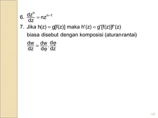 122
dz
d
.
d
dw
dz
dw
)rantaiaturan(komposisidengandisebutbiasa
)z('f)]z(f['g)z('hmaka)]z(f[g)z(hJika.7
nz
dz
dz.6 1n
n
ϕ
ϕ
=
==
= −
 