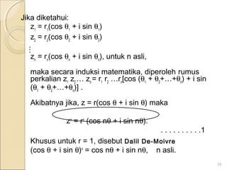 Jika diketahui:
z1
= r1
(cos θ1
+ i sin θ1
)
z2
= r2
(cos θ2
+ i sin θ2
)
zn
= rn
(cos θn
+ i sin θn
), untuk n asli,
maka secara induksi matematika, diperoleh rumus
perkalian z1
z2
… zn
= r1
r2
…rn
[cos (θ1
+ θ2
+…+θn
) + i sin
(θ1
+ θ2
+…+θn
)] .
Akibatnya jika, z = r(cos θ + i sin θ) maka
zn
= rn
(cos nθ + i sin nθ).
. . . . . . . . . .1
Khusus untuk r = 1, disebut Dalil De-Moivre
(cos θ + i sin θ)n
= cos nθ + i sin nθ, n asli.
35

 