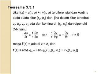 118
Teoreama 3.3.1
Jika f(z) = u(r, ϕ) + i v(r, ϕ) terdiferensial dan kontinu
pada suatu kitar (ro, ϕo) dan jika dalam kitar tersebut
ur, uϕ, vr, vϕ ada dan kontinu di (ro, ϕo) dan dipenuhi
C-R yaitu:
r
u
∂
∂
r
1
ϕ∂
∂v
r
1
ϕ∂
∂v
r
v
∂
∂−= dan = , r ≠ 0
maka f’(z) = ada di z = zo dan
f’(z) = (cos ϕo – i sin ϕo) [ur(ro, ϕo) + i vr(ro, ϕo)]
 