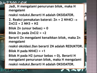  Jadi, H mengalami penurunan bilok, maka H
mengalami
 reaksi reduksi.Berarti H adalah OKSIDATOR.
 2. Reaksi pemakaian baterai: Zn + 2 NH4Cl 
ZnCl2 + 2 NH3 + H2
 Bilok Zn (unsur bebas) = 0
 Bilok Zn pada ZnCl2 = +2
 Berarti Zn mengalami kenaikkan bilok, maka Zn
mengalami
 reaksi oksidasi.Dan berarti ZN adalah REDUKTOR.
 Bilok H pada NH4Cl = +1
 Bilok H pada H2 (unsur bebas = 0). Berarti H
mengalami penurunan bilok, maka H mengalami
 reaksi reduksi.Berarti H adalah OKSIDATOR.
 