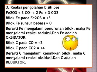 3. Reaksi pengolahan bijih besi
Fe2O3 + 3 CO  2 Fe + 3 CO2
Bilok Fe pada Fe2O3 = +3
Bilok Fe (unsur bebas) = 0
Berarti Fe mengalami penurunan bilok, maka Fe
mengalami reaksi reduksi.Dan Fe adalah
OKSIDATOR.
Bilok C pada CO = +2
Bilok C pada CO2 = +4
Berarti C mengalami kenaikkan bilok, maka C
mengalami reaksi oksidasi.Dan C adalah
REDUKTOR.
 