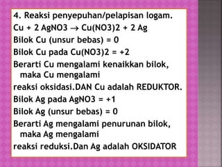 4. Reaksi penyepuhan/pelapisan logam.
Cu + 2 AgNO3  Cu(NO3)2 + 2 Ag
Bilok Cu (unsur bebas) = 0
Bilok Cu pada Cu(NO3)2 = +2
Berarti Cu mengalami kenaikkan bilok,
maka Cu mengalami
reaksi oksidasi.DAN Cu adalah REDUKTOR.
Bilok Ag pada AgNO3 = +1
Bilok Ag (unsur bebas) = 0
Berarti Ag mengalami penurunan bilok,
maka Ag mengalami
reaksi reduksi.Dan Ag adalah OKSIDATOR
 