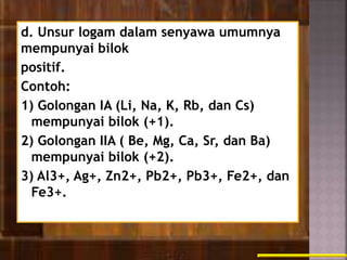 d. Unsur logam dalam senyawa umumnya
mempunyai bilok
positif.
Contoh:
1) Golongan IA (Li, Na, K, Rb, dan Cs)
mempunyai bilok (+1).
2) Golongan IIA ( Be, Mg, Ca, Sr, dan Ba)
mempunyai bilok (+2).
3) Al3+, Ag+, Zn2+, Pb2+, Pb3+, Fe2+, dan
Fe3+.
 
