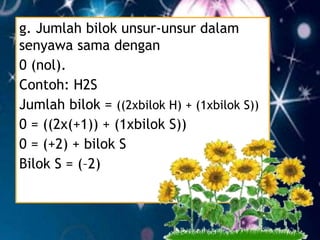 g. Jumlah bilok unsur-unsur dalam
senyawa sama dengan
0 (nol).
Contoh: H2S
Jumlah bilok = ((2xbilok H) + (1xbilok S))
0 = ((2x(+1)) + (1xbilok S))
0 = (+2) + bilok S
Bilok S = (–2)
 