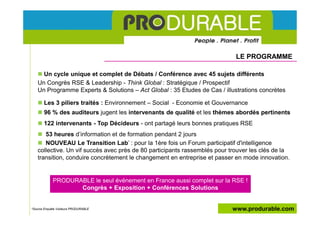 LE PROGRAMME

      Un cycle unique et complet de Débats / Conférence avec 45 sujets différents
    Un Congrès RSE & Leadership - Think Global : Stratégique / Prospectif
    Un Programme Experts & Solutions – Act Global : 35 Etudes de Cas / illustrations concrètes

       Les 3 piliers traités : Environnement – Social - Economie et Gouvernance
       96 % des auditeurs jugent les intervenants de qualité et les thèmes abordés pertinents
       122 intervenants - Top Décideurs - ont partagé leurs bonnes pratiques RSE
       53 heures d’information et de formation pendant 2 jours
       NOUVEAU Le Transition Lab’ : pour la 1ère fois un Forum participatif d'intelligence
    collective. Un vif succès avec près de 80 participants rassemblés pour trouver les clés de la
    transition, conduire concrètement le changement en entreprise et passer en mode innovation.


             PRODURABLE le seul événement en France aussi complet sur la RSE !
                    Congrès + Exposition + Conférences Solutions


*Source Enquête Visiteurs PRODURABLE                                       www.produrable.com
 