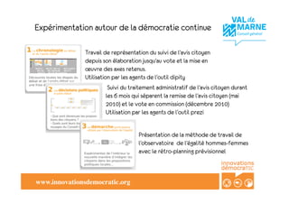 Expérimentation autour de la démocratie continue

               Travail de représentation du suivi de l’avis citoyen
               depuis son élaboration jusqu’au vote et la mise en
               œuvre des axes retenus.
               Utilisation par les agents de l’outil dipity
                          Suivi du traitement administratif de l’avis citoyen durant
                         les 6 mois qui séparent la remise de l’avis citoyen (mai
                         2010) et le vote en commission (décembre 2010)
                         Utilisation par les agents de l’outil prezi


                                     Présentation de la méthode de travail de
                                     l’observatoire de l’égalité hommes-femmes
                                     avec le rétro-planning prévisionnel



www.innovationsdemocratic.org!
 
