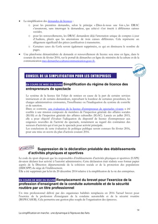 14
La simplification en marche : une dynamique à l’épreuve des faits
 La simplification des demandes de licences :
o pour les premières demandes, selon le principe « Dites-le-nous une fois », les DRAC
s’assureront, sans interroger le demandeur, que celui-ci s’est inscrit à différentes caisses
sociales.
o pour les renouvellements, les DRAC demandent déjà l’attestation unique de comptes à jour
d’Audiens, plutôt que les attestations de trois caisses différentes. Cela représente un
allègement significatif des pièces justificatives à transmettre.
o Certaines cases du Cerfa seront également supprimées, ce qui en diminuera le nombre de
pages.
 Une plateforme dématérialisée de demande et renouvellement de licence sera mise en ligne, dans le
courant du mois de février 2016, sur le portail de démarches en ligne du ministère de la culture et de la
communication mes-demarches.culturecommunication.gouv.fr.
CONSEIL DE LA SIMPLIFICATION POUR LES ENTREPRISES
EN COURS DE MISE EN ŒUVRE Simplification du régime de licence des
entrepreneurs de spectacle
Le système de la licence fait l’objet de remises en cause de la part de certains services
instructeurs et de certains demandeurs, reprochant la lourdeur de certaines procédures, les
charges administratives croissantes, l’insuffisance ou l’inadéquation du système de contrôle
et de sanction.
Dans ce contexte, une évaluation de la licence d'entrepreneur de spectacles vivants a été
confiée à une mission composée de membres de l’inspection générale des affaires sociales
(IGAS) et de l’inspection générale des affaires culturelles (IGAC). Lancée en juillet 2015,
elle a pour objectif d’évaluer l’adéquation du dispositif de licence d’entrepreneur aux
exigences nouvelles de l’activité du spectacle, notamment au regard des contraintes des
secteurs d’activités qui n’ont pas le spectacle pour activité principale.
Les conclusions de cette évaluation de politique publique seront connues fin février 2016,
pour une mise en œuvre du plan d’actions courant 2016.
Suppression de la déclaration préalable des établissements
d’activités physiques et sportives
Le code du sport disposait que les responsables d’établissements d’activités physiques et sportives (EAPS)
devaient déclarer leur activité à l’autorité administrative. Cette déclaration était réalisée sous format papier
auprès de la Direction départementale de la cohésion sociale et de la protection des populations
(DDCSPP) du siège de l’établissement.
Elle a été supprimée par la loi du 20 décembre 2014 relative à la simplification de la vie des entreprises.
EN COURS DE MISE EN ŒUVRE Remplacement du brevet pour l'exercice de la
profession d'enseignant de la conduite automobile et de la sécurité
routière par un titre professionnel
Un titre professionnel délivré par des organismes habilités remplacera en 2016 l'actuel brevet pour
l'exercice de la profession d'enseignant de la conduite automobile et de la sécurité routière
(BEPECASER). Cela permettra une gestion plus souple de l’organisation des épreuves.
 