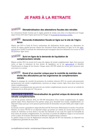 155
La simplification en marche : une dynamique à l’épreuve des faits
JE PARS À LA RETRAITE
Dématérialisation des attestations fiscales des retraités
Les attestations fiscales fournies par le régime général de retraite sont mises à la disposition de l’usager
depuis février 2015 dans l’espace personnel de l’usager sur le portail de l’assurance retraite.
Demande d’attestation fiscale en ligne sur le site de l’Agirc-
Arrco
Depuis juin 2015 et l’arrêt de l'envoi systématique des déclarations fiscales papier aux allocataires, les
assurés du régime général peuvent obtenir leur attestation fiscale directement en ligne sur le site agirc-
arrco.fr pour vérifier l’exactitude des informations pré-renseignées dans leur déclaration de revenus au titre
des pensions Agirc-Arrco.
Suivi en ligne de la demande de liquidation de
complémentaire retraite
Depuis octobre 2015, les assurés de la caisse des régimes de retraite complémentaire Agirc-Arrco peuvent
suivre en ligne le traitement de leur dossier de liquidation sur le site agirc-arrco.fr et identifier
l’interlocuteur en charge de leur dossier. Chaque année, 650 000 salariés du secteur privé pourront ainsi
avoir accès à ce service.
Envoi d’un courrier unique pour le contrôle de maintien des
droits des allocataires par les organismes de complémentaire
retraite
Depuis la campagne de contrôle de persistance du troisième trimestre 2015, les assurés poly-pensionnés
qui perçoivent une retraite complémentaire, reçoivent un unique courrier Agirc-Arrco pour toutes leurs
caisses complémentaires.
Auparavant, un polypensionné qui percevait une retraite complémentaire pouvait recevoir un contrôle de
persistance de ses droits plus de 3 fois par an.
EN COURS DE MISE EN ŒUVRE Généralisation du guichet unique de demande de
retraite complémentaire
A la fin du premier trimestre 2016, les 650 000 demandeurs d'une retraite complémentaire du régime
général (Agirc-Arrco) disposeront d’un guichet unique pour demander leur retraite complémentaire. Ce
dispositif unique quel que soit le parcours professionnel du demandeur sera plus lisible, plus simple et plus
complet.
La mesure consiste à généraliser le dispositif d'accueil CICAS (Centre d'Information Conseil et Accueil des
Salariés). Le réseau CICAS est un dispositif unique qui permet aux salariés du secteur privé partant à la
retraite de s'informer sur leurs droits et de faire leur demande en une seule fois auprès de l'ensemble de
leurs caisses de retraites complémentaires. Il y aura donc un numéro de téléphone unique et un seul accueil
en lieu et place de la dizaine d'Institutions de Retraite Complémentaires existantes.
Le guichet unique en cours de déploiement concentre déjà plus de 85% des demandes. Le dispositif sera
complétement généralisé fin mars 2016.
 