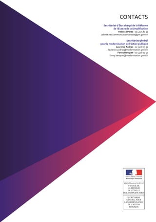 171
La simplification en marche : une dynamique à l’épreuve des faits
CONTACTS
Secrétariat d’État chargé de la Réforme
de l’État et de la Simplification
Rebecca Peres - 01 42 75 81 32
cabinet-res.communication-presse@pm.gouv.fr
Secrétariat général
pour la modernisation de l’action publique
Laurence Audras - 01 53 18 05 51
laurence.audras@modernisation.gouv.fr
Fanny Benquet - 01 53 18 03 50
fanny.benquet@modernisation.gouv.fr
 