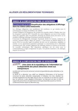 31
La simplification en marche : une dynamique à l’épreuve des faits
ALLÉGER LES RÉGLEMENTATIONS TECHNIQUES
CONSEIL DE LA SIMPLIFICATION POUR LES ENTREPRISES
EN COURS DE MISE EN ŒUVRE Simplification des obligations d’affichage
dans les hôtels-cafés-restaurants
Les affichages obligatoires sont actuellement très nombreux, ce qui entraîne pour le
consommateur un manque de lisibilité et de visibilité.
Excepté l’obligation de transparence des résultats des contrôles relatifs à l’hygiène dans tous
les restaurants à partir de 2017, l'ensemble des autres obligations sera revu et leur nombre
réduit d’ici septembre 2016. En particulier, davantage de latitude pourra être laissée sur les
modalités d’affichage (affichages dynamiques, panneaux dérouleurs…).
Concernant les hébergements touristiques marchands (hôtels de tourisme, résidences de
tourisme, chambres d’hôtes, villages de vacances…), cette mesure est effective depuis le 1er
janvier 2016. Les nouvelles règles de publicité des prix ont été modernisées, simplifiées et
centrées sur les informations pertinentes permettant au consommateur de se déterminer
(notamment prix TTC actualisé, allègement des affichages intérieur et extérieur en favorisant
les nouvelles technologies). Des dispositions spécifiques ont été créées pour la
commercialisation en ligne (comparateurs de prix). Une période transitoire a été aménagée
jusqu’au 1er juin 2016.
CONSEIL DE LA SIMPLIFICATION POUR LES ENTREPRISES
Libre choix de la signalétique de l’information sur
la disponibilité des pièces détachées laissé aux
entrepreneurs
Les fabricants sont tenus de mentionner la durée de disponibilité des pièces détachées sur les
emballages.
Le décret du 9 décembre 2014 relatif aux obligations d'information et de fourniture
concernant les pièces détachées indispensables à l'utilisation d'un bien, détaillant les
principes d’application de cette règle, laisse le choix aux industriels sur la nature du support
pour se conformer à cette obligation d’information. Les fabricants ont donc le choix du
support tels que la notice ou les spécifications techniques disponibles souvent sur Internet.
Le décret est entré en vigueur en décembre 2014.
 