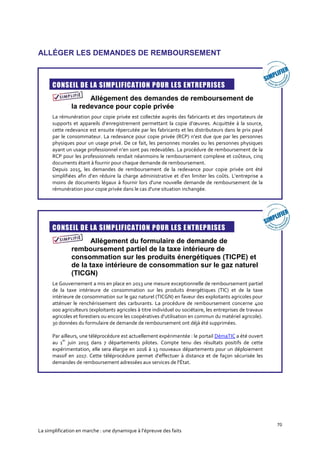 70
La simplification en marche : une dynamique à l’épreuve des faits
ALLÉGER LES DEMANDES DE REMBOURSEMENT
CONSEIL DE LA SIMPLIFICATION POUR LES ENTREPRISES
Allégement des demandes de remboursement de
la redevance pour copie privée
La rémunération pour copie privée est collectée auprès des fabricants et des importateurs de
supports et appareils d’enregistrement permettant la copie d’œuvres. Acquittée à la source,
cette redevance est ensuite répercutée par les fabricants et les distributeurs dans le prix payé
par le consommateur. La redevance pour copie privée (RCP) n’est due que par les personnes
physiques pour un usage privé. De ce fait, les personnes morales ou les personnes physiques
ayant un usage professionnel n’en sont pas redevables. La procédure de remboursement de la
RCP pour les professionnels rendait néanmoins le remboursement complexe et coûteux, cinq
documents étant à fournir pour chaque demande de remboursement.
Depuis 2015, les demandes de remboursement de la redevance pour copie privée ont été
simplifiées afin d’en réduire la charge administrative et d’en limiter les coûts. L’entreprise a
moins de documents légaux à fournir lors d'une nouvelle demande de remboursement de la
rémunération pour copie privée dans le cas d'une situation inchangée.
CONSEIL DE LA SIMPLIFICATION POUR LES ENTREPRISES
Allégement du formulaire de demande de
remboursement partiel de la taxe intérieure de
consommation sur les produits énergétiques (TICPE) et
de la taxe intérieure de consommation sur le gaz naturel
(TICGN)
Le Gouvernement a mis en place en 2013 une mesure exceptionnelle de remboursement partiel
de la taxe intérieure de consommation sur les produits énergétiques (TIC) et de la taxe
intérieure de consommation sur le gaz naturel (TICGN) en faveur des exploitants agricoles pour
atténuer le renchérissement des carburants. La procédure de remboursement concerne 400
000 agriculteurs (exploitants agricoles à titre individuel ou sociétaire, les entreprises de travaux
agricoles et forestiers ou encore les coopératives d’utilisation en commun du matériel agricole).
30 données du formulaire de demande de remboursement ont déjà été supprimées.
Par ailleurs, une téléprocédure est actuellement expérimentée : le portail DémaTIC a été ouvert
au 1
er
juin 2015 dans 7 départements pilotes. Compte tenu des résultats positifs de cette
expérimentation, elle sera élargie en 2016 à 13 nouveaux départements pour un déploiement
massif en 2017. Cette téléprocédure permet d'effectuer à distance et de façon sécurisée les
demandes de remboursement adressées aux services de l'État.
 