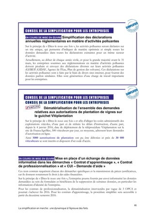 85
La simplification en marche : une dynamique à l’épreuve des faits

CONSEIL DE LA SIMPLIFICATION POUR LES ENTREPRISES
EN COURS DE MISE EN ŒUVRE Simplification des déclarations
annuelles réglementaires en matière d'activités polluantes
Sur le principe de « Dites-le nous une fois », les activités polluantes seront déclarées sur
un site unique, qui permettra d’indiquer de manière optimisée et simple toutes les
données demandées dans toutes les déclarations existantes pour un même secteur
d’activité.
Actuellement, au début de chaque année civile, et pour la grande majorité avant le 31
mars, les entreprises soumises aux réglementations en matière d’activités polluantes
doivent produire et envoyer des déclarations diverses sur leurs activités polluantes
(GEREP, GIDAF, Agence de l’Eau, Plan de gestion des solvants). Ces déclarations sur
les activités polluantes sont à faire par le biais de divers sites internet, pour fournir des
données parfois similaires. Elles sont génératrices d’une charge de travail importante
pour les entreprises.

CONSEIL DE LA SIMPLIFICATION POUR LES ENTREPRISES
CONSEIL DE LA SIMPLIFICATION POUR LES ENTREPRISES
Dématérialisation de l’ensemble des demandes
relatives aux autorisations de plantation de vignes sur
le guichet Vitiplantation
Sur le principe de « Dites-le nous une fois » et afin d’alléger les coûts administratifs des
exploitations viticoles, d’une part et de réduire les délais d’instruction, d’autre part,
depuis le 4 janvier 2016, date de déploiement de la téléprocédure Vitiplantation sur le
site de FranceAgriMer, 500 viticulteurs par jour, en moyenne, adressent leurs demandes
d’autorisation en ligne.
Ainsi 5000 autorisations de plantation ont pu être délivrées et près de 30 000
viticulteurs se sont inscrits et disposent d’un code d’accès.
EN COURS DE MISE EN ŒUVRE Mise en place d’un échange de données
informatisé dans les démarches « Contrat d’apprentissage », « Contrat
de professionnalisation » et « CUI – Demande d’aide »
Ces trois contrats requièrent chacun des démarches spécifiques et la transmission de pièces justificatives,
car ils donnent notamment le droit à des aides financières.
Sur le principe de « Dites-le nous une fois », l’entreprise pourra fournir par envoi informatisé les données
demandées au sein du formulaire et bénéficiera de la suppression de certaines données, en particulier les
informations d’identité de l’entreprise.
Pour les contrats de professionnalisation, la dématérialisation interviendra par vague de 3 OPCA et
pourrait s'achever fin 2016. Pour les contrats d'apprentissage, la procédure simplifiée sera accessible à
partir du deuxième semestre 2016.
 