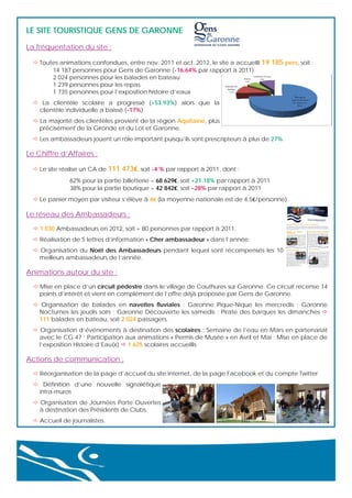 LE SITE TOURISTIQUE GENS DE GARONNE
La fréquentation du site :
 Toutes animations confondues, entre nov. 2011 et oct. 2012, le site a accueilli 19 185 pers, soit :
14 187 personnes pour Gens de Garonne (-16.64% par rapport à 2011)
2 024 personnes pour les balades en bateau
1 239 personnes pour les repas
1 735 personnes pour l’exposition histoire d’eaux
 La clientèle scolaire a progressé (+53.93%) alors que la
clientèle individuelle a baissé (-17%)
 La majorité des clientèles provient de la région Aquitaine, plus
précisément de la Gironde et du Lot et Garonne.
 Les ambassadeurs jouent un rôle important puisqu’ils sont prescripteurs à plus de 27%.

Le Chiffre d’Affaires :
 Le site réalise un CA de 111 473€, soit -4 % par rapport à 2011, dont :
 



62% pour la partie billetterie = 68 629€, soit +21.18% par rapport à 2011
38% pour la partie boutique = 42 842€, soit –28% par rapport à 2011

 Le panier moyen par visiteur s’élève à 4€ (la moyenne nationale est de 4,5€/personne).

Le réseau des Ambassadeurs :
 1 030 Ambassadeurs en 2012, soit + 80 personnes par rapport à 2011.
 Réalisation de 5 lettres d’information « Cher ambassadeur » dans l’année.
 Organisation du Noël des Ambassadeurs pendant lequel sont récompensés les 10
meilleurs ambassadeurs de l’année.

Animations autour du site :
 Mise en place d’un circuit pédestre dans le village de Couthures sur Garonne. Ce circuit recense 14
points d’intérêt et vient en complément de l’offre déjà proposée par Gens de Garonne.
 Organisation de balades en navettes fluviales : Garonne Pique-Nique les mercredis ; Garonne
Nocturnes les jeudis soirs ; Garonne Découverte les samedis ; Pirate des barques les dimanches 
111 balades en bateau, soit 2 024 passagers.
 Organisation d’événements à destination des scolaires : Semaine de l’eau en Mars en partenariat
avec le CG 47 ; Participation aux animations « Permis de Musée » en Avril et Mai ; Mise en place de
l’exposition Histoire d’Eau(x)  1 635 scolaires accueillis

Actions de communication :
 Réorganisation de la page d’accueil du site Internet, de la page Facebook et du compte Twitter
 Définition d’une nouvelle signalétique
intra-muros
 Organisation de Journées Porte Ouvertes
à destination des Présidents de Clubs.
 Accueil de journalistes.

 