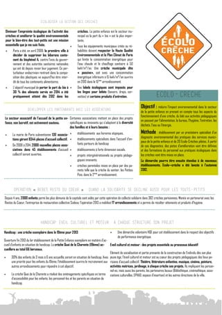 Ecologiser la gestion des crEches

 Diminuer l’empreinte écologique de l’activité des            crèches. La petite enfance est le secteur mu-
 crèches et améliorer la qualité environnementale             nicipal où la part du « bio » est la plus impor-
 pour le bien-être des tout-petits est une mission            tante.
 essentielle que je me suis fixée.                           Tous les équipements municipaux créés ou ré-
      Paris a été, en avril 2009, la première ville à        habilités doivent respecter la Haute Qualité
       décider de supprimer les biberons conte-               Environnementale et le Plan Climat de Paris
       nant du bisphénol A, contre l’avis du gouver-          qui limite la consommation énergétique pour
       nement et des autorités sanitaires nationales          l’eau chaude et le chauffage sanitaire à 50
       qui ont dû depuis revoir leur jugement. Ce per-        kwh/m²/an. Une crèche municipale dite
       turbateur endocrinien rentrant dans la compo-          « passive», soit avec une consommation
       sition des plastiques va aujourd’hui être inter-       énergétique inférieure à 15 kwh/m²/an ouvrira
       dit de tous les contenants alimentaires.               en 2013 dans le 15ème arrondissement.
      L’objectif municipal de porter la part du bio à       Des labels écologiques sont imposés pour
       30 % des aliments servis en 2014 a été                 les linges pour bébés (bavoirs, draps, ser-
       pratiquement atteint dès 2012 dans les                 viettes) et certains produits d’entretien.                         ECOLO-CRECHE
                    Developper les partenariats avec les associations
                                                                                                                    Objectif : réduire l’impact environnemental dans le secteur
                                                                                                                    de la petite enfance en prenant en compte tous les aspects du
                                                                                                                    fonctionnement d’une crèche, du bâti aux activités pédagogiques
Le secteur associatif de l’accueil de la petite en- Certaines associations mettent en place des projets
                                                                                                                    en passant par l’alimentation, la bureau, l’hygiène, l’entretien, les
fance, non lucratif, est activement soutenu.        spécifiques ou innovants qui s’adaptent à la diversité
                                                                                                                    déchets, l’eau ou l’énergie.
                                                    des familles et à leurs besoins :

      La mairie de Paris subventionne 130 associa-          établissements aux horaires atypiques,                Méthode : établissement par un prestataire spécialisé d’un
                                                              établissements spécialisés dans l’accueil d’en-       diagnostic environnemental des pratiques des services munici-
       tions gérant 8344 places d’accueil collectif.      
                                                                                                                    paux de la petite enfance et de 20 Ecolo-Crèches pilotes. A partir
       De 2008 à 2014, 2000 nouvelles places asso-            fants porteurs de handicap
                                                                                                                   de ces diagnostics, des pistes d’amélioration vont être définies
       ciatives dans 45 établissements d’accueil             établissements à forte dimension sociale,             et des formations du personnel aux pratiques écologiques dans
       collectif seront ouvertes.                            projets intergénérationnels ou projets pédago-        les crèches vont être mises en place.
                                                              giques innovants,                                     La démarche pourra être ensuite étendue à de nouveaux
                                                             crèches parentales mises en place par des pa-         établissements. Ecolo—crèche a été lancée à l’automne
                                                              rents telle que la crèche du sentier, les Petites     2012.
                                                              Pois, dans le 2 ème arrondissement.



        Operation « bebes resto du coeur » : quand la solidarite se decline aussi pour les touts-petits
Depuis 4 ans, 2000 enfants parmi les plus démunis de la capitale sont aidés par cette opération de collecte solidaire dans 362 crèches parisiennes. Menée en partenariat avec les
Restos du Cœur, l’entreprise de restauration collective Sodexo, l’opération 2013 a mobilisé 17 arrondissements et a permis de récolter vêtements et produits d’hygiène.




                               Handicap, eveil culturel et moteur : a chaque structure son projet

Handicap : une crèche exemplaire dans le 19ème pour 2013                                        Une démarche volontaire HQE pour cet établissement dans le respect des objectifs
                                                                                                 de performance énergétique.
Ouverture fin 2013 du 1er établissement de la Petite Enfance exemplaire en matière d’ac-
cueil d’enfants en situation de handicap. La crèche Quai de la Charente (19ème) ac-       Eveil culturel et moteur : des projets essentiels au processus éducatif
cueillera au total 66 berceaux.
                                                                                          Elément de socialisation et partie prenante de la construction de l’individu dès son plus
      30% des enfants de 3 mois à 6 ans accueillis seront en situation de handicap. Avec jeune âge, l’éveil culturel et moteur est au cœur des projets pédagogiques des lieux pa-
       une priorité pour les enfants du 19ème, l’établissement ouvrira le recrutement aux risiens d’accueil collectif. Théâtre, littérature enfantine, musique, cinéma, peinture,
       autres arrondissements pour répondre à cet objectif.                               activités motrices, jardinage, à chaque crèche ses projets. Ils impliquent les person-
                                                                                          nel-es, mais aussi les parents, les partenaires locaux (Bibliothèque, cinémathèque, asso-
      La crèche Quai de la Charente a réalisé des aménagements spécifiques en terme ciations culturelles, EPHAD, espace d’insertion) et les autres directions de la ville.
       d’accessibilité pour les enfants, les personnel-les et les parents en situation de
       handicap.
 