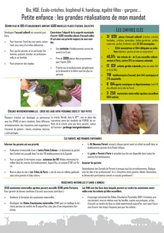 Bio, HQE, Ecolo-crèches, bisphénol A, handicap, égalité filles - garçons …
                    Petite enfance : les grandes réalisations de mon mandat
OUVRIR PLUS DE 100 D’ÉTABLISSEMENTS ABRITANT 4500 NOUVELLES PLACES D’ACCUEIL COLLECTIFS

Développer l’accueil collectif est essentiel pour    Concrétiser l’objectif de la majorité municipale
                                                                                                                                  LES CHIFFRES CLÉS
Paris                                                d’ouvrir 4500 nouvelles places d’accueil collec-                31 939        places d’accueil collectif (crèches, crèches
                                                     tif est ainsi une priorité majeure de mon man-                   familiales, crèches parentales, haltes-garderies, jardins
     Pour favoriser l’éveil des tout-petits, notam- dat.
      ment ceux issus d’un milieu défavorisé                                                                          maternels, jardins d’enfants), dont 22 551 municipales,
                                                           Une centaine d’établissements auront été                            8344 associatives et 1044 déléguées ou ache-
     Pour que les parents, et en particulier les           ouverts en 6 ans.                                                 tées (hôpitaux, gestion privée ou associative)
      femmes, puissent concilier vie profession-
      nelle et vie familiale                               Près de 3000 places déjà programmées
                                                                                                                     40,5%     des enfants de - de 3 ans accueillis collecti-
                                                           pour l’après 2014.                                         vement à Paris, contre 15% en moyenne nationale
     Pour préserver des emplois.
                                                          Priorité aux arrondissements périphériques
                                                                                                                     12 031         enfants gardés à domicile grâce aux aides CAF
                                                           où la demande et le déficit sont les plus im-              et de la Ville.
                                                           portants.                                                 719   établissements d’accueil, dont 444 municipaux et
                                                                                                                      275 associatifs.

                                                                                                                     8 614 agents municipaux et départementaux (soit 1/6
                                                                                                                      des effectifs de la ville de Paris)
                                                                                                                     3 250      assistantes maternelles agréées accueillant
                                                                                                                      8313 enfants.




    CRECHES INTERGÉNÉRATIONNELLES : CRÉER DES LIENS ENTRE PERSONNES ÂGÉES ET TOUT-PETITS
Plusieurs crèches ont développé un partenariat        La crèche Hérold, dans le 19 ème, met en place des
avec les EPHAD et leurs résidents. Dans différents    rencontres entre les résidents de l’EHPAD, les en-
                                                      fants de la crèche ainsi que leurs parents autour
arrondissements, des rencontres sont organisées à
                                                      de l’activité « jardinage intergénérationnel ».
l’occasion de goûters : chants, comptines, lectures
y sont partagés.

                                                                     LES PARENTS, NOS PREMIERS PARTENAIRES
Informer les parents est une priorité                                                          Le Kit Nouveau Parent, envoyé à chaque parent ayant un enfant accueilli dans un
                                                                                                établissement parisien de la Petite Enfance.
     Publication trimestrielle d’une « Lettre Petite Enfance » à destination du parent
      dont l’enfant est accueilli dans l’un des 719 établissements de la Capitale.             Un guide « Parent à Paris » actualisé tous les ans disponible dans toutes les
                                                                                                mairies d’arrondissement.
     Pour un guichet d’information unique : extension des RIF (Relais information fa-
      milles) dans les mairies d’arrondissements. Aujourd’hui, on compte 12 RIF sur Pa- Associer les parents
      ris.
                                                                                         Généralisation des Conseils de Parents à presque tous les arrondissements. Dialogue
     Mise en place du site « Les Tribus de Paris », site de mise en relation géolocali- avec les élus et les professionnel –le-s, rencontres entre parents, débats, discussions,
      sées entre parents et baby-sitters.                                                la démocratie participative connait un succès grandissant !

                                                                 ASSISTANTES MATERNELLES ET GARDE A DOMICILE
3250 assistantes maternelles agréées peuvent accueillir 8288 petits Parisiens.            Les RAM sont des lieux dans lesquels peuvent se rendre les assistantes mater-
Pour garantir de bonnes conditions d’accueil, nous avons contribué à :                    nelles avec les enfants qu’elles accueillent.

     Améliorer la formation des assistantes maternelles                                       Encourager activement les Relais d’Auxiliaires Parentales (RAP). Formation, pré-
                                                                                                recrutement, mise en relation avec les familles, soutien aux pratiques, ce lieu
     Développer des Relais d’assistantes maternelles (RAM) pour un maillage du ter-            d’accueil, au nombre de deux au stade expérimental aujourd’hui, sont aussi l’occa-
      ritoire parisien au nombre de 10 aujourd’hui, avec plus d’une cinquantaine d’an-          sion d’ouvrir des temps d’espaces jeux pour les enfants.
      tennes.
 