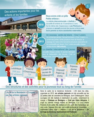 Nous avons créé un pôle
Petite enfance :
La crèche intercommunale « Libellule »
accueille 60 enfants de 10 semaines à 3 ans.
Sur le même site, l’espace jeux « Les Pitchouns »
propose un accueil ponctuel des jeunes enfants avec
leurs parents ou leurs assistantes maternelles.

Un nouveau centre de loisirs : Croc’ Loisirs

Au printemps dernier, l’accueil de loisirs « Croc ‘Loisirs » a
ouvert ses portes. Après plusieurs mois de travaux, le
passage de relais entre l’ancienne structure associative et
la municipalité est réussi. Croc’ Loisirs accueille chaque
année environ 500 enfants.

Le chantier international des jeunes
accueille chaque année 15 jeunes étrangers
pour la restauration des douves. C’est un
rendez-vous convivial et très attendu !

Des structures et des activités pour la jeunesse tout au long de l’année
La rue de la Madeleine « Croquée »
par des artistes japonais

Dans le cadre de la résidence itinérante : L'Art dans les cités,
organisée en 2012, six artistes japonais ont été accueillis par les
22 petites cités de caractère de Bretagne, dont Châteaugiron. Deux
ouvrages ont été réalisés à destination du public, notamment le
manga « Chekepa en Bretagne ». Créé par Kaho Akiyama, il
s’agit du premier manga réalisé en Bretagne. Il a pour thème
l'histoire d'une petite fille solitaire et d'un petit être fantastique qui
vont vivre, l'espace d'un été, une amitié profonde et inoubliable …
notamment dans notre « célèbre » rue de la Madeleine ! Un
ouvrage jeunesse au rayonnement international.

 