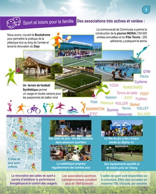 Des associations très actives et variées :
La communauté de Communes a permis la
construction de la piscine INOXIA (150 000
entrées annuelles) et du Pôle Tennis ; 250
adhérents y pratiquent le tennis

Nous avons, couvert le Boulodrome
pour permettre la pratique de la
pétanque tout au long de l’année et
lancé la rénovation du Dojo

Un terrain de football
Synthétique permet
un usage en toutes saisons pour
les passionnés de ballon rond

GYM
Pêche
Cyclisme
YOGA
RANDONNEE
Tennis de table FOOT
Natation
JUDO Triathlon
Palet Pétanque ROLLER
Basket
VOLLEY
BADMINTON Escrime Tennis

ETC…

Taekwondo

BILLARD

Des aires de jeux ont été installées
dans plusieurs quartiers

8 aires de
jeux pour
enfants

La fête du jeu a lieu chaque
année au Zéphyr en
septembre

La ludothèque propose
régulièrement des soirées jeux

Des équipements sportifs et
de loisirs près de l’étang

La rénovation des salles de sport a
permis d’améliorer la performance
énergétique et le confort des usagers

Les associations sportives
castelgironnaises comptent
plus de 1800 licenciés

5 salles de sport sont disponibles sur
la commune. Elles sont occupées en
moyenne 75h, chacune, par semaine

 