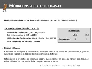 PAYS LANDES NATURE CÔTE D'ARGENT - DISPOSITIF NOMAD' - BILAN 2013 5
▪ Partenaires signataires du Protocole:
₋ Syndicats de salariés: CFTC, CFDT, FO, CFE-CGC
(Pas de signature de la CGT en 2013)
₋ Fédérations Professionnelles : UMIH, SDHPA, UNAT, MEDEF
₋ Unité Territoriale des Landes – Direccte
Renouvellement du Protocole d’accord des médiateurs Sociaux du Travail (7 mai 2013)
MÉDIATIONS SOCIALES DU TRAVAIL
 Pistes de réflexion:
BILAN CHIFFRÉ:
Consultations 7 9
20122013
Formation des Chargés d’Accueil nOmad’ aux bases du droit du travail, en présence des organismes
signataires du protocole d’accord de médiation sociale du travail
Réflexion sur la promotion de ce service apporté aux personnes en raison du nombre des demandes
qui ne reflètent pas toujours la réalité des pratiques sur le terrain.
 