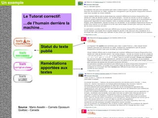 Le Tutorat correctif: … de l’humain derrière la machine… Statut du texte publié Un exemple  Remédiations apportées aux textes  Source  : Mario Asselin – Carnets Opossum Québec - Canada New! Retweet to share tweets (BETA) New! Retweet to share tweets (BETA) New! Retweet to share tweets (BETA) 