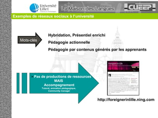 >  Pas de productions de ressources MAIS  Accompagnement Tutorat, animation pédagogique,  Community manager Exemples de réseaux sociaux à l’université Hybridation, Présentiel enrichi Pédagogie actionnelle Pédagogie par contenus générés par les apprenants Mots-clés http://foreignerinlille.ning.com 