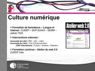 Culture numérique > Formation de formateurs – Langue et Internet :  CUEEP – SUP.SUAIO – SEMM – cellule TICE > Interventions externes :  Université de Lille1:  IPM – LIFL – Lille1  Université de Lille3  : FLE et Sciences Educ  CIEP international :  Tunisie – Arménie - Palestine > Formation continue – Atelier du web 2.0  CUEEP   Inter 