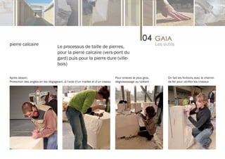 pierre calcaire                    Le processus de taille de pierres,                                       Les outils
                                   pour la pierre calcaire (vers-pont du
                                   gard) puis pour la pierre dure (ville-
                                   bois)

Après dessin,                                                                  Pour enlever le plus gros,         On fait les finitions avec le chemin
Protection des angles en les dégageant. à l’aide d’un maillet et d’un ciseau   dégrossissage au taillant          de fer pour vérifier les niveaux
 