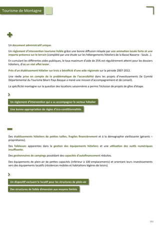 Un	
  document	
  administra;f	
  unique.	
  
	
  
Un	
  règlement	
  d’interven;on	
  tourisme	
  lisible	
  grâce	
  une	
  bonne	
  diﬀusion	
  relayée	
  par	
  une	
  anima;on	
  locale	
  forte	
  et	
  une	
  
importe	
  présence	
  sur	
  le	
  terrain	
  (complété	
  par	
  une	
  étude	
  sur	
  les	
  hébergements	
  hôteliers	
  de	
  la	
  Basse	
  Navarre	
  -­‐	
  Soule…).	
  
	
  
En	
  cumulant	
  les	
  diﬀérentes	
  aides	
  publiques,	
  le	
  taux	
  maximum	
  d’aide	
  de	
  25%	
  est	
  régulièrement	
  a4eint	
  pour	
  les	
  dossiers	
  
hôteliers,	
  d’où	
  un	
  réel	
  eﬀet	
  levier.	
  
	
  
Près	
  d’un	
  établissement	
  hôtelier	
  sur	
  trois	
  a	
  bénéﬁcié	
  d’une	
  aide	
  régionale	
  sur	
  la	
  période	
  2007-­‐2012.	
  
	
  
Une	
   réelle	
   prise	
   en	
   compte	
   de	
   la	
   probléma;que	
   de	
   l’accessibilité	
   dans	
   les	
   projets	
   d’inves/ssements	
   (le	
   Comité	
  
Départemental	
  du	
  Tourisme	
  Béarn	
  Pays	
  Basque	
  a	
  mené	
  une	
  mission	
  d’accompagnement	
  et	
  de	
  conseil).	
  
	
  
La	
  spéciﬁcité	
  montagne	
  sur	
  la	
  ques/on	
  des	
  loca/ons	
  saisonnières	
  a	
  permis	
  l’éclosion	
  de	
  projets	
  de	
  gîtes	
  d’étape.	
  
Un	
  règlement	
  d’interven;on	
  qui	
  a	
  su	
  accompagner	
  le	
  secteur	
  hôtelier	
  	
  
Une	
  bonne	
  appropria;on	
  de	
  règles	
  d’éco-­‐condi;onnalités	
  
⌃	
  
Tourisme	
  de	
  Montagne	
  
Des	
  établissements	
  hôteliers	
  de	
  pe;tes	
  tailles,	
  fragiles	
  ﬁnancièrement	
  et	
  à	
  la	
  démographie	
  vieillissante	
  (gérants	
  –	
  
propriétaires).	
  
	
  
Des	
   faiblesses	
   apparentes	
   dans	
   la	
   ges;on	
   des	
   équipements	
   hôteliers	
   et	
   une	
   u;lisa;on	
   des	
   ou;ls	
   numériques	
  
insuﬃsante.	
  	
  
	
  
Des	
  ges;onnaires	
  de	
  campings	
  possédant	
  des	
  capacités	
  d’autoﬁnancement	
  réduites.	
  
	
  
Des	
  équipements	
  de	
  plein-­‐air	
  de	
  pe/tes	
  capacités	
  (inférieur	
  à	
  100	
  emplacements)	
  et	
  orientant	
  leurs	
  inves/ssements	
  
vers	
  des	
  équipements	
  loca/fs	
  (résidences	
  mobiles	
  et	
  habita/ons	
  légères	
  de	
  loisirs).	
  
Un	
  disposi;f	
  excluant	
  le	
  loca;f	
  pour	
  les	
  structures	
  de	
  plein-­‐air	
  
Des	
  structures	
  de	
  faible	
  dimension	
  aux	
  moyens	
  limités	
  
⌃	
  
141	
  
 