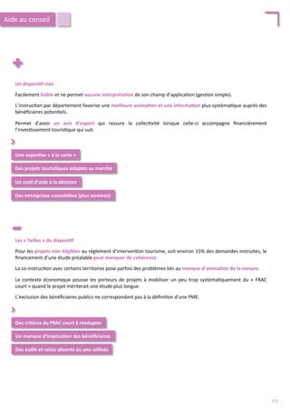 Un	
  disposi;f	
  clair	
  
	
  
Facilement	
  lisible	
  et	
  ne	
  permet	
  aucune	
  interpréta;on	
  de	
  son	
  champ	
  d’applica/on	
  (ges/on	
  simple).	
  
	
  
L’instruc/on	
  par	
  département	
  favorise	
  une	
  meilleure	
  anima;on	
  et	
  une	
  informa;on	
  plus	
  systéma/que	
  auprès	
  des	
  
bénéﬁciaires	
  poten/els.	
  
	
  
Permet	
   d’avoir	
   un	
   avis	
   d’expert	
   qui	
   rassure	
   la	
   collec/vité	
   lorsque	
   celle-­‐ci	
   accompagne	
   ﬁnancièrement	
  
l’inves/ssement	
  touris/que	
  qui	
  suit.	
  
Une	
  exper;se	
  «	
  à	
  la	
  carte	
  »	
  
Des	
  projets	
  touris;ques	
  adaptés	
  au	
  marché	
  
⌃	
  
Un	
  ou;l	
  d’aide	
  à	
  la	
  décision	
  
Des	
  entreprises	
  consolidées	
  (plus	
  sereines)	
  
Aide	
  au	
  conseil	
  
Les	
  «	
  failles	
  »	
  du	
  disposi;f	
  
	
  
Pour	
  les	
  projets	
  non	
  éligibles	
  au	
  règlement	
  d’interven/on	
  tourisme,	
  soit	
  environ	
  15%	
  des	
  demandes	
  instruites,	
  le	
  
ﬁnancement	
  d’une	
  étude	
  préalable	
  peut	
  manquer	
  de	
  cohérence.	
  
	
  
La	
  co-­‐instruc/on	
  avec	
  certains	
  territoires	
  pose	
  parfois	
  des	
  problèmes	
  liés	
  au	
  manque	
  d’anima;on	
  de	
  la	
  mesure.	
  	
  
	
  
Le	
   contexte	
   économique	
   pousse	
   les	
   porteurs	
   de	
   projets	
   à	
   mobiliser	
   un	
   peu	
   trop	
   systéma/quement	
   du	
   «	
   FRAC	
  
court	
  »	
  quand	
  le	
  projet	
  mériterait	
  une	
  étude	
  plus	
  longue.	
  
	
  
L’exclusion	
  des	
  bénéﬁciaires	
  publics	
  ne	
  correspondant	
  pas	
  à	
  la	
  déﬁni/on	
  d’une	
  PME.	
  	
  
Des	
  critères	
  du	
  FRAC	
  court	
  à	
  réadapter	
  
Un	
  manque	
  d’implica;on	
  des	
  bénéﬁciaires	
  
⌃	
  
Des	
  ou;ls	
  et	
  relais	
  absents	
  ou	
  peu	
  u;lisés	
  
171	
  
 