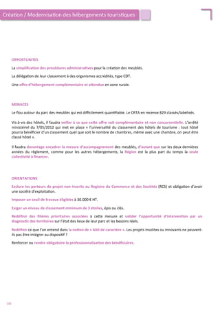 OPPORTUNITES	
  
	
  
La	
  simpliﬁca;on	
  des	
  procédures	
  administra;ves	
  pour	
  la	
  créa/on	
  des	
  meublés.	
  
	
  
La	
  déléga/on	
  de	
  leur	
  classement	
  à	
  des	
  organismes	
  accrédités,	
  type	
  CDT.	
  
	
  
Une	
  oﬀre	
  d’hébergement	
  complémentaire	
  et	
  aFendue	
  en	
  zone	
  rurale.	
  	
  
MENACES	
  
	
  
Le	
  ﬂou	
  autour	
  du	
  parc	
  des	
  meublés	
  qui	
  est	
  diﬃcilement	
  quan/ﬁable.	
  Le	
  CRTA	
  en	
  recense	
  829	
  classés/labélisés.	
  
	
  	
  
Vis-­‐à-­‐vis	
  des	
  hôtels,	
  il	
  faudra	
  veiller	
  à	
  ce	
  que	
  ceFe	
  oﬀre	
  soit	
  complémentaire	
  et	
  non	
  concurren;elle.	
  L’arrêté	
  
ministériel	
  du	
  7/05/2012	
  qui	
  met	
  en	
  place	
  «	
  l’universalité	
  du	
  classement	
  des	
  hôtels	
  de	
  tourisme	
  :	
  tout	
  hôtel	
  
pourra	
  bénéﬁcier	
  d’un	
  classement	
  quel	
  que	
  soit	
  le	
  nombre	
  de	
  chambres,	
  même	
  avec	
  une	
  chambre,	
  on	
  peut	
  être	
  
classé	
  hôtel	
  ».	
  
	
  	
  
Il	
  faudra	
  davantage	
  encadrer	
  la	
  mesure	
  d’accompagnement	
  des	
  meublés,	
  d’autant	
  que	
  sur	
  les	
  deux	
  dernières	
  
années	
   du	
   règlement,	
   comme	
   pour	
   les	
   autres	
   hébergements,	
   la	
   Région	
   est	
   la	
   plus	
   part	
   du	
   temps	
   la	
   seule	
  
collec;vité	
  à	
  ﬁnancer.	
  	
  
Créa/on	
  /	
  Modernisa/on	
  des	
  hébergements	
  touris/ques	
  
ORIENTATIONS	
  
	
  
Exclure	
  les	
  porteurs	
  de	
  projet	
  non	
  inscrits	
  au	
  Registre	
  du	
  Commerce	
  et	
  des	
  Sociétés	
  (RCS)	
  et	
  obliga/on	
  d’avoir	
  
une	
  société	
  d’exploita/on.	
  
	
  
Imposer	
  un	
  seuil	
  de	
  travaux	
  éligibles	
  à	
  30.000	
  €	
  HT.	
  
	
  
Exiger	
  un	
  niveau	
  de	
  classement	
  minimum	
  de	
  3	
  étoiles,	
  épis	
  ou	
  clés.	
  
	
  
Redéﬁnir	
   des	
   ﬁlières	
   prioritaires	
   associées	
   à	
   ce4e	
   mesure	
   et	
   valider	
   l’opportunité	
   d’interven;on	
   par	
   un	
  
diagnos;c	
  des	
  territoires	
  sur	
  l’état	
  des	
  lieux	
  de	
  leur	
  parc	
  et	
  les	
  besoins	
  réels.	
  
	
  
Redéﬁnir	
  ce	
  que	
  l’on	
  entend	
  dans	
  la	
  no;on	
  de	
  «	
  bâ;	
  de	
  caractère	
  ».	
  Les	
  projets	
  insolites	
  ou	
  innovants	
  ne	
  peuvent-­‐
ils	
  pas	
  être	
  intégrer	
  au	
  disposi/f	
  ?	
  
	
  
Renforcer	
  ou	
  rendre	
  obligatoire	
  la	
  professionnalisa;on	
  des	
  bénéﬁciaires.	
  
190	
  
 