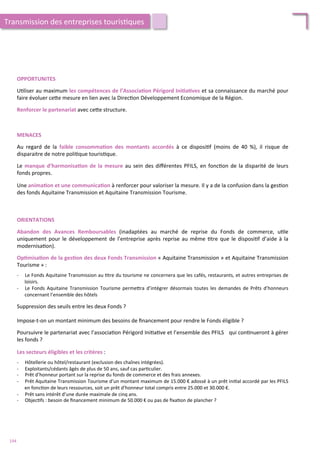 OPPORTUNITES	
  
	
  
U/liser	
  au	
  maximum	
  les	
  compétences	
  de	
  l’Associa;on	
  Périgord	
  Ini;a;ves	
  et	
  sa	
  connaissance	
  du	
  marché	
  pour	
  
faire	
  évoluer	
  ce4e	
  mesure	
  en	
  lien	
  avec	
  la	
  Direc/on	
  Développement	
  Economique	
  de	
  la	
  Région.	
  
	
  
Renforcer	
  le	
  partenariat	
  avec	
  ce4e	
  structure.	
  	
  
MENACES	
  
	
  
Au	
   regard	
   de	
   la	
   faible	
   consomma;on	
   des	
   montants	
   accordés	
   à	
   ce	
   disposi/f	
   (moins	
   de	
   40	
   %),	
   il	
   risque	
   de	
  
disparaitre	
  de	
  notre	
  poli/que	
  touris/que.	
  
	
  
Le	
  manque	
  d’harmonisa;on	
  de	
  la	
  mesure	
  au	
  sein	
  des	
  diﬀérentes	
  PFILS,	
  en	
  fonc/on	
  de	
  la	
  disparité	
  de	
  leurs	
  
fonds	
  propres.	
  
	
  
Une	
  anima;on	
  et	
  une	
  communica;on	
  à	
  renforcer	
  pour	
  valoriser	
  la	
  mesure.	
  Il	
  y	
  a	
  de	
  la	
  confusion	
  dans	
  la	
  ges/on	
  
des	
  fonds	
  Aquitaine	
  Transmission	
  et	
  Aquitaine	
  Transmission	
  Tourisme.	
  
ORIENTATIONS	
  
	
  
Abandon	
   des	
   Avances	
   Remboursables	
   (inadaptées	
   au	
   marché	
   de	
   reprise	
   du	
   Fonds	
   de	
   commerce,	
   u/le	
  
uniquement	
  pour	
  le	
  développement	
  de	
  l’entreprise	
  après	
  reprise	
  au	
  même	
  /tre	
  que	
  le	
  disposi/f	
  d’aide	
  à	
  la	
  
modernisa/on).	
  
	
  
Op;misa;on	
  de	
  la	
  ges;on	
  des	
  deux	
  Fonds	
  Transmission	
  «	
  Aquitaine	
  Transmission	
  »	
  et	
  Aquitaine	
  Transmission	
  
Tourisme	
  »	
  :	
  
	
  
-­‐  Le	
  Fonds	
  Aquitaine	
  Transmission	
  au	
  /tre	
  du	
  tourisme	
  ne	
  concernera	
  que	
  les	
  cafés,	
  restaurants,	
  et	
  autres	
  entreprises	
  de	
  
loisirs.	
  
-­‐  Le	
   Fonds	
   Aquitaine	
   Transmission	
   Tourisme	
   perme4ra	
   d’intégrer	
   désormais	
   toutes	
   les	
   demandes	
   de	
   Prêts	
   d’honneurs	
  
concernant	
  l’ensemble	
  des	
  hôtels	
  
	
  
Suppression	
  des	
  seuils	
  entre	
  les	
  deux	
  Fonds	
  ?	
  
	
  	
  
Impose-­‐t-­‐on	
  un	
  montant	
  minimum	
  des	
  besoins	
  de	
  ﬁnancement	
  pour	
  rendre	
  le	
  Fonds	
  éligible	
  ?	
  
	
  
Poursuivre	
  le	
  partenariat	
  avec	
  l’associa/on	
  Périgord	
  Ini/a/ve	
  et	
  l’ensemble	
  des	
  PFILS	
   	
  qui	
  con/nueront	
  à	
  gérer	
  
les	
  fonds	
  ?	
  
	
  
Les	
  secteurs	
  éligibles	
  et	
  les	
  critères	
  :	
  
	
  
-­‐  Hôtellerie	
  ou	
  hôtel/restaurant	
  (exclusion	
  des	
  chaînes	
  intégrées).	
  
-­‐  Exploitants/cédants	
  âgés	
  de	
  plus	
  de	
  50	
  ans,	
  sauf	
  cas	
  par/culier.	
  
-­‐  Prêt	
  d’honneur	
  portant	
  sur	
  la	
  reprise	
  du	
  fonds	
  de	
  commerce	
  et	
  des	
  frais	
  annexes.	
  
-­‐  Prêt	
  Aquitaine	
  Transmission	
  Tourisme	
  d’un	
  montant	
  maximum	
  de	
  15.000	
  €	
  adossé	
  à	
  un	
  prêt	
  ini/al	
  accordé	
  par	
  les	
  PFILS	
  
en	
  fonc/on	
  de	
  leurs	
  ressources,	
  soit	
  un	
  prêt	
  d’honneur	
  total	
  compris	
  entre	
  25.000	
  et	
  30.000	
  €.	
  
-­‐  Prêt	
  sans	
  intérêt	
  d’une	
  durée	
  maximale	
  de	
  cinq	
  ans.	
  
-­‐  Objec/fs	
  :	
  besoin	
  de	
  ﬁnancement	
  minimum	
  de	
  50.000	
  €	
  ou	
  pas	
  de	
  ﬁxa/on	
  de	
  plancher	
  ?	
  
Transmission	
  des	
  entreprises	
  touris/ques	
  
194	
  
 