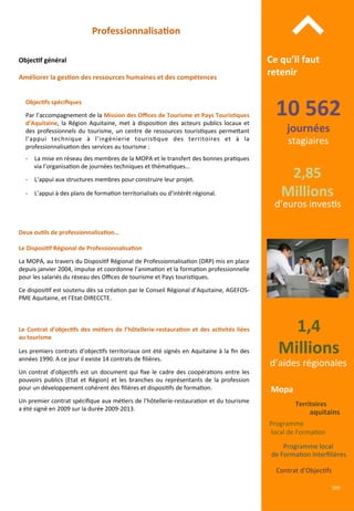 10	
  562	
  
journées	
  
stagiaires	
  
2,85	
  
Millions	
  
d’euros	
  inves/s	
  
Programme	
  local	
  
de	
  Forma/on	
  Interﬁlières	
  
Contrat	
  d’Objec/fs	
  
Programme	
  
	
  local	
  de	
  Forma/on	
  
Mopa	
  
Territoires	
  
Ce	
  qu’il	
  faut	
  
retenir	
  
⌃	
  
aquitains	
  
Professionnalisa;on	
  
Objec;f	
  général	
  
Objec;fs	
  spéciﬁques	
  
	
  
Par	
  l’accompagnement	
  de	
  la	
  Mission	
  des	
  Oﬃces	
  de	
  Tourisme	
  et	
  Pays	
  Touris;ques	
  
d’Aquitaine,	
  la	
  Région	
  Aquitaine,	
  met	
  à	
  disposi/on	
  des	
  acteurs	
  publics	
  locaux	
  et	
  
des	
  professionnels	
  du	
  tourisme,	
  un	
  centre	
  de	
  ressources	
  touris/ques	
  perme4ant	
  
l’appui	
   technique	
   à	
   l’ingénierie	
   touris/que	
   des	
   territoires	
   et	
   à	
   la	
  
professionnalisa/on	
  des	
  services	
  au	
  tourisme	
  :	
  
	
  
-­‐  La	
  mise	
  en	
  réseau	
  des	
  membres	
  de	
  la	
  MOPA	
  et	
  le	
  transfert	
  des	
  bonnes	
  pra/ques	
  
via	
  l’organisa/on	
  de	
  journées	
  techniques	
  et	
  théma/ques…	
  
	
  
-­‐  L’appui	
  aux	
  structures	
  membres	
  pour	
  construire	
  leur	
  projet.	
  
	
  
-­‐  L’appui	
  à	
  des	
  plans	
  de	
  forma/on	
  territorialisés	
  ou	
  d’intérêt	
  régional.	
  
Améliorer	
  la	
  ges;on	
  des	
  ressources	
  humaines	
  et	
  des	
  compétences	
  
Deux	
  ou;ls	
  de	
  professionnalisa;on…	
  	
  
	
  
Le	
  Disposi;f	
  Régional	
  de	
  Professionnalisa;on	
  	
  
	
  
La	
  MOPA,	
  au	
  travers	
  du	
  Disposi/f	
  Régional	
  de	
  Professionnalisa/on	
  (DRP)	
  mis	
  en	
  place	
  
depuis	
  janvier	
  2004,	
  impulse	
  et	
  coordonne	
  l’anima/on	
  et	
  la	
  forma/on	
  professionnelle	
  
pour	
  les	
  salariés	
  du	
  réseau	
  des	
  Oﬃces	
  de	
  tourisme	
  et	
  Pays	
  touris/ques.	
  
	
  
Ce	
  disposi/f	
  est	
  soutenu	
  dès	
  sa	
  créa/on	
  par	
  le	
  Conseil	
  Régional	
  d’Aquitaine,	
  AGEFOS-­‐
PME	
  Aquitaine,	
  et	
  l’Etat-­‐DIRECCTE.	
  
	
  
	
  
	
  
Le	
  Contrat	
  d’objec;fs	
  des	
  mé;ers	
  de	
  l’hôtellerie-­‐restaura;on	
  et	
  des	
  ac;vités	
  liées	
  
au	
  tourisme	
  
	
  
Les	
  premiers	
  contrats	
  d’objec/fs	
  territoriaux	
  ont	
  été	
  signés	
  en	
  Aquitaine	
  à	
  la	
  ﬁn	
  des	
  
années	
  1990.	
  A	
  ce	
  jour	
  il	
  existe	
  14	
  contrats	
  de	
  ﬁlières.	
  
	
  
Un	
  contrat	
  d’objec/fs	
  est	
  un	
  document	
  qui	
  ﬁxe	
  le	
  cadre	
  des	
  coopéra/ons	
  entre	
  les	
  
pouvoirs	
   publics	
   (Etat	
   et	
   Région)	
   et	
   les	
   branches	
   ou	
   représentants	
   de	
   la	
   profession	
  
pour	
  un	
  développement	
  cohérent	
  des	
  ﬁlières	
  et	
  disposi/fs	
  de	
  forma/on.	
  
	
  
Un	
  premier	
  contrat	
  spéciﬁque	
  aux	
  mé/ers	
  de	
  l’hôtellerie-­‐restaura/on	
  et	
  du	
  tourisme	
  
a	
  été	
  signé	
  en	
  2009	
  sur	
  la	
  durée	
  2009-­‐2013.	
  
1,4	
  
Millions	
  
d’aides	
  régionales	
  
199	
  
 