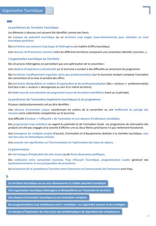 La	
  per2nence	
  du	
  Territoire	
  Touris2que	
  
	
  
Les	
  éléments	
  ci-­‐dessous	
  ont	
  souvent	
  été	
  iden/ﬁés	
  comme	
  des	
  freins	
  :	
  
	
  
Un	
   manque	
   de	
   poten;el	
   touris;que	
   ou	
   un	
   territoire	
   trop	
   exigüe	
   (sous-­‐dimensionné)	
   pour	
   aFeindre	
   un	
   seuil	
  
touris;que	
  per;nent.	
  
	
  
Des	
  territoires	
  aux	
  contours	
  trop	
  larges	
  et	
  hétérogènes	
  en	
  ma/ère	
  d’oﬀre	
  touris/que.	
  
	
  
Une	
  absence	
  de	
  ﬁl	
  directeur	
  commun	
  entre	
  les	
  diﬀérents	
  territoires	
  composant	
  une	
  conven/on	
  (iden/té,	
  tourisme…).	
  
	
  
L’organisa2on	
  touris2que	
  du	
  Territoire	
  
	
  
Des	
  structures	
  hétérogènes	
  ne	
  perme4ant	
  pas	
  une	
  op/misa/on	
  de	
  la	
  conven/on	
  :	
  
	
  
Une	
  absence	
  d’expérience	
  contractuelle	
  sur	
  le	
  tourisme	
  a	
  conduit	
  à	
  des	
  diﬃcultés	
  au	
  lancement	
  du	
  programme.	
  
	
  
Des	
  territoires	
  insuﬃsamment	
  organisés	
  et/ou	
  peu	
  professionnalisés	
  (sur	
  le	
  tourisme)	
  rendant	
  complexe	
  l’anima/on	
  
des	
  conven/ons	
  et	
  la	
  mise	
  en	
  produit	
  des	
  oﬀres.	
  
	
  
Des	
  territoires	
  déséquilibrés	
  en	
  ma;ère	
  d’organisa;on	
  et	
  de	
  professionnalisa;on	
  (des	
  «	
  secteurs	
  »	
  	
  professionnalisés	
  
font	
  face	
  à	
  des	
  «	
  secteurs	
  »	
  désorganisés	
  au	
  sein	
  d’un	
  même	
  territoire).	
  
	
  
Un	
  faible	
  taux	
  de	
  concré;sa;on	
  de	
  programme	
  locaux	
  de	
  forma;on	
  interﬁlières	
  (neuf	
  sur	
  la	
  période).	
  
	
  
La	
  per2nence	
  de	
  l’anima2on	
  (ingénierie	
  touris2que)	
  et	
  du	
  programme	
  
	
  
Plusieurs	
  dysfonc/onnements	
  ont	
  pu	
  être	
  iden/ﬁés	
  :	
  
	
  
Une	
   absence	
   d’anima;on	
   unique	
   coordonnant	
   les	
   ac/ons	
   de	
   la	
   conven/on	
   ou	
   une	
   ineﬃcacité	
   du	
   partage	
   des	
  
missions	
  entre	
  collec/vités	
  compétentes	
  sur	
  le	
  tourisme.	
  
	
  
Une	
  diﬃculté	
  d’évaluer	
  «	
  l’eﬃcacité	
  »	
  de	
  l’anima;on	
  et	
  une	
  absence	
  d’indicateurs	
  préalables.	
  
	
  
Des	
  programmes	
  trop	
  ambi;eux	
  au	
  regard	
  du	
  poten/el	
  et	
  de	
  l’anima/on	
  locale.	
  Les	
  programmes	
  de	
  valorisa/on	
  des	
  
produits	
  ont	
  été	
  peu	
  engagés	
  et	
  la	
  volonté	
  d’aﬃcher	
  une	
  ou	
  deux	
  ﬁlières	
  prioritaires	
  n’a	
  pas	
  réellement	
  fonc/onné.	
  	
  
	
  
Une	
  émergence	
  de	
  mul;ples	
  projets	
  d’accueil,	
  d’anima/on	
  et	
  d’équipements	
  des/nés	
  à	
  la	
  clientèle	
  touris/que,	
  sans	
  
réel	
  lien	
  avec	
  les	
  théma;ques	
  choisies.	
  
	
  
Une	
  avancée	
  non	
  signiﬁca;ve	
  sur	
  l’harmonisa;on	
  et	
  l’op;misa;on	
  des	
  taxes	
  de	
  séjours.	
  	
  
	
  
La	
  gouvernance	
  
	
  
Un	
  réel	
  manque	
  d’implica;on	
  des	
  élus	
  locaux	
  ou	
  de	
  fortes	
  dissensions	
  poli;ques.	
  
	
  
Des	
   confusions	
   entre	
   conven;on	
   tourisme,	
   Pays	
   d’Accueil	
   Touris;que,	
   programma;on	
   Leader	
   générant	
   des	
  
dysfonc;onnements	
  et	
  une	
  juxtaposi;on	
  de	
  procédures.	
  
	
  
Un	
  éclatement	
  de	
  la	
  compétence	
  Tourisme	
  entre	
  Communes	
  et	
  Communautés	
  de	
  Communes	
  voire	
  Pays.	
  
Organisa/on	
  Touris/que	
  
⌃	
  
Un	
  territoire	
  touris;que	
  sur	
  ou	
  sous	
  dimensionné	
  et	
  à	
  faible	
  poten;el	
  touris;que	
  
Une	
  organisa;on	
  touris;que	
  hétérogène	
  et	
  déséquilibrée	
  sur	
  l’ensemble	
  du	
  territoire	
  
Une	
  absence	
  d’anima;on	
  touris;que	
  et	
  une	
  évalua;on	
  complexe	
  
Des	
  programma;ons	
  trop	
  ambi;euses	
  voire	
  «	
  irréalistes	
  »	
  au	
  regard	
  des	
  moyens	
  et	
  des	
  stratégies	
  	
  
Un	
  manque	
  d’implica;on	
  des	
  élus	
  et/ou	
  des	
  probléma;ques	
  de	
  répar;;on	
  des	
  compétences	
  
21	
  
 