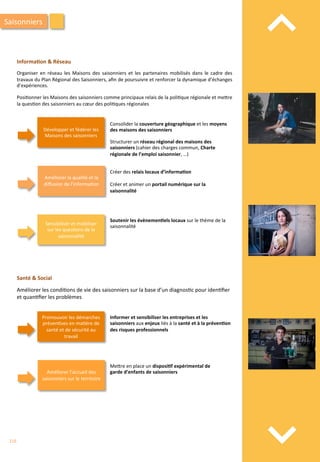 ⌃	
  
⌃	
  
Saisonniers	
  
	
  
Améliorer	
  la	
  qualité	
  et	
  la	
  
diﬀusion	
  de	
  l’informa/on	
  
	
  
	
  
Créer	
  des	
  relais	
  locaux	
  d’informa;on	
  
	
  
Créer	
  et	
  animer	
  un	
  portail	
  numérique	
  sur	
  la	
  
saisonnalité	
  
	
  
	
  
Sensibiliser	
  et	
  mobiliser	
  
sur	
  les	
  ques/ons	
  de	
  la	
  
saisonnalité	
  
Soutenir	
  les	
  évènemen;els	
  locaux	
  sur	
  le	
  thème	
  de	
  la	
  
saisonnalité	
  
Informa;on	
  &	
  Réseau	
  
	
  
Organiser	
   en	
   réseau	
   les	
   Maisons	
   des	
   saisonniers	
   et	
   les	
   partenaires	
   mobilisés	
   dans	
   le	
   cadre	
   des	
  
travaux	
  du	
  Plan	
  Régional	
  des	
  Saisonniers,	
  aﬁn	
  de	
  poursuivre	
  et	
  renforcer	
  la	
  dynamique	
  d’échanges	
  
d’expériences.	
  
	
  
Posi/onner	
  les	
  Maisons	
  des	
  saisonniers	
  comme	
  principaux	
  relais	
  de	
  la	
  poli/que	
  régionale	
  et	
  me4re	
  
la	
  ques/on	
  des	
  saisonniers	
  au	
  cœur	
  des	
  poli/ques	
  régionales	
  
Développer	
  et	
  fédérer	
  les	
  
Maisons	
  des	
  saisonniers	
  
Consolider	
  la	
  couverture	
  géographique	
  et	
  les	
  moyens	
  
des	
  maisons	
  des	
  saisonniers	
  	
  
	
  
Structurer	
  un	
  réseau	
  régional	
  des	
  maisons	
  des	
  
saisonniers	
  (cahier	
  des	
  charges	
  commun,	
  Charte	
  
régionale	
  de	
  l’emploi	
  saisonnier,	
  …)	
  	
  
Santé	
  &	
  Social	
  
	
  
Améliorer	
  les	
  condi/ons	
  de	
  vie	
  des	
  saisonniers	
  sur	
  la	
  base	
  d’un	
  diagnos/c	
  pour	
  iden/ﬁer	
  
et	
  quan/ﬁer	
  les	
  problèmes	
  
	
  
Améliorer	
  l’accueil	
  des	
  
saisonniers	
  sur	
  le	
  territoire	
  
	
  
Me4re	
  en	
  place	
  un	
  disposi;f	
  expérimental	
  de	
  
garde	
  d’enfants	
  de	
  saisonniers	
  	
  
	
  
	
  
Promouvoir	
  les	
  démarches	
  
préven/ves	
  en	
  ma/ère	
  de	
  
santé	
  et	
  de	
  sécurité	
  au	
  
travail	
  
Informer	
  et	
  sensibiliser	
  les	
  entreprises	
  et	
  les	
  
saisonniers	
  aux	
  enjeux	
  liés	
  à	
  la	
  santé	
  et	
  à	
  la	
  préven;on	
  
des	
  risques	
  professionnels	
  
216	
  
 