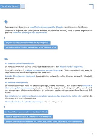 Accompagnement	
  des	
  projets	
  de	
  requaliﬁca;on	
  des	
  espaces	
  publics	
  dégradés,	
  essen/ellement	
  en	
  front	
  de	
  mer.	
  
	
  
Ouverture	
   du	
   disposi/f	
   vers	
   l’aménagement	
   d’espaces	
   de	
   promenade	
   piétonne,	
   u/lisé	
   à	
   l’année,	
   engendrant	
   de	
  
probables	
  retombées	
  économiques	
  pour	
  les	
  commerces.	
  	
  
Une	
  prise	
  en	
  compte	
  du	
  vieillissement	
  des	
  espaces	
  publics	
  
Une	
  améliora;on	
  du	
  cadre	
  de	
  vie	
  générateur	
  d’une	
  économie	
  locale	
  
⌃	
  
Au	
  niveau	
  des	
  collec2vités	
  territoriales	
  
	
  
Un	
  manque	
  d’informa/on	
  générale	
  sur	
  les	
  possibilités	
  d’interven/on	
  de	
  la	
  Région	
  sur	
  ce	
  type	
  d’opéra;on.	
  
	
  
Sur	
  la	
  période	
  2008-­‐2012,	
  la	
  Région	
  se	
  retrouve	
  seul	
  partenaire	
  ﬁnancier	
  en	
  l’absence	
  de	
  crédits	
  Etat	
  et	
  Feder	
  ;	
  les	
  
Départements	
  intervenant	
  davantage	
  en	
  terme	
  d’opportunité.	
  	
  
	
  
Les	
  coûts	
  d’inves;ssement	
  conséquents	
  de	
  ces	
  opéra/ons	
  tant	
  pour	
  les	
  maîtres	
  d’ouvrage	
  que	
  pour	
  les	
  collec/vités	
  
partenaires.	
  
	
  	
  
Au	
  niveau	
  des	
  aménagements	
  
	
  
La	
  majorité	
  des	
  fronts	
  de	
  mer	
  a	
  été	
  réhabilitée	
  (Hossegor,	
  Biarritz,	
  Biscarrosse,…)	
  mais	
  les	
  réalisa/ons	
  manquent	
  de	
  
réelle	
  vision	
  globale	
  d’aménagement,	
  se	
  limitant	
  souvent	
  à	
  des	
  proposi/ons	
  d’aménagement	
  ciblées	
  sur	
  le	
  front	
  de	
  
mer	
  sans	
  connexion	
  (déplacements,	
  valorisa/on	
  des	
  équipements	
  publics	
  et	
  des	
  commerces…)	
  avec	
  l’ensemble	
  de	
  la	
  
sta/on.	
  
	
  
Les	
  réalisa;ons	
  n’ont	
  certainement	
  pas	
  tenu	
  compte	
  de	
  la	
  probléma;que	
  de	
  ges;on	
  du	
  trait	
  de	
  côte,	
  entraînant	
  des	
  
incer/tudes	
  sur	
  la	
  pérennité	
  des	
  ouvrages.	
  
	
  
Absence	
  d’évalua;on	
  des	
  retombées	
  économiques	
  suite	
  aux	
  aménagements.	
  	
  
Un	
  disposi;f	
  encore	
  assez	
  mal	
  connu	
  des	
  élus	
  du	
  liForal	
  
Des	
  coûts	
  d’opéra;on	
  élevés	
  et	
  une	
  absence	
  de	
  co-­‐ﬁnanceurs	
  
⌃	
  
Des	
  aménagements	
  par;els	
  ne	
  tenant	
  pas	
  compte	
  d’un	
  schéma	
  global	
  urbanis;que	
  et	
  environnemental	
  
Tourisme	
  Li4oral	
  
71	
  
 