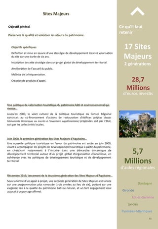 Préserver	
  la	
  qualité	
  et	
  valoriser	
  les	
  atouts	
  du	
  patrimoine.	
  
Sites	
  Majeurs	
  
Objec;fs	
  spéciﬁques	
  
	
  
Déﬁni/on	
  et	
  mise	
  en	
  œuvre	
  d’une	
  stratégie	
  de	
  développement	
  local	
  et	
  valorisa/on	
  
du	
  site	
  sur	
  une	
  durée	
  de	
  six	
  ans.	
  
	
  
Inscrip/on	
  de	
  ce4e	
  stratégie	
  dans	
  un	
  projet	
  global	
  de	
  développement	
  territorial.	
  
	
  
Améliora/on	
  de	
  l’accueil	
  du	
  public.	
  
	
  
Maîtrise	
  de	
  la	
  fréquenta/on.	
  
	
  
Créa/on	
  de	
  produits	
  d’appel.	
  
17	
  Sites	
  
Majeurs	
  
2	
  généra;ons	
  
5,7	
  
Millions	
  
d’aides	
  régionales	
  
28,7	
  
Millions	
  
d’euros	
  inves/s	
  
Dordogne	
  
Gironde	
  
Lot-­‐et-­‐Garonne	
  
Landes	
  
Pyrénées-­‐Atlan/ques	
  
Objec;f	
  général	
   Ce	
  qu’il	
  faut	
  
retenir	
  
⌃	
  
Jusqu’en	
   2000,	
   le	
   volet	
   culturel	
   de	
   la	
   poli/que	
   touris/que	
   du	
   Conseil	
   Régional	
  
consistait	
   au	
   co-­‐ﬁnancement	
   d’ac/ons	
   de	
   restaura/on	
   d’édiﬁces	
   (édiﬁces	
   classés	
  
Monuments	
   Historiques	
   ou	
   inscrits	
   à	
   l’inventaire	
   supplémentaire)	
   proposées	
   soit	
   par	
   l’Etat,	
  
soit	
  par	
  les	
  collec/vités	
  locales.	
  
Une	
  poli;que	
  de	
  valorisa;on	
  touris;que	
  du	
  patrimoine	
  bâ;	
  et	
  environnemental	
  qui	
  
évolue…	
  
Une	
   nouvelle	
   poli/que	
   touris/que	
   en	
   faveur	
   du	
   patrimoine	
   est	
   votée	
   en	
   juin	
   2000,	
  
visant	
  à	
  accompagner	
  les	
  projets	
  de	
  développement	
  touris/que	
  à	
  par/r	
  du	
  patrimoine,	
  
en	
   cherchant	
   notamment	
   à	
   l’inscrire	
   dans	
   une	
   démarche	
   dynamique	
   de	
  
développement	
   territorial	
   autour	
   d’un	
   projet	
   global	
   d’organisa/on	
   économique,	
   en	
  
cohérence	
   avec	
   les	
   poli/ques	
   de	
   développement	
   touris/que	
   et	
   de	
   développement	
  
territorial.	
  
Juin	
  2000,	
  la	
  première	
  généra;on	
  des	
  Sites	
  Majeurs	
  d’Aquitaine…	
  
Décembre	
  2010,	
  lancement	
  de	
  la	
  deuxième	
  généra;on	
  des	
  Sites	
  Majeurs	
  d’Aquitaine…	
  
Sous	
  la	
  forme	
  d’un	
  appel	
  à	
  projet,	
  une	
  seconde	
  généra/on	
  de	
  Sites	
  Majeurs	
  est	
  lancée	
  
sur	
  une	
  programma/on	
  plus	
  ramassée	
  (trois	
  années	
  au	
  lieu	
  de	
  six),	
  portant	
  sur	
  une	
  
exigence	
  liée	
  à	
  la	
  qualité	
  du	
  patrimoine	
  bâ/	
  ou	
  naturel,	
  et	
  un	
  fort	
  engagement	
  local	
  
associé	
  à	
  un	
  portage	
  aﬃrmé.	
  
81	
  
 