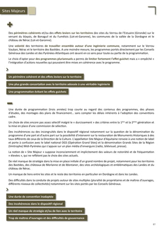 Des	
  périmètres	
  cohérents	
  et/ou	
  des	
  eﬀets	
  leviers	
  sur	
  les	
  territoires	
  des	
  sites	
  du	
  Verrou	
  de	
  l’Estuaire	
  (Gironde)	
  sur	
  le	
  
versant	
   du	
   blayais,	
   de	
   Bonaguil	
   et	
   du	
   Fumélois	
   (Lot-­‐et-­‐Garonne),	
   les	
   communes	
   de	
   la	
   vallée	
   de	
   la	
   Dordogne	
   et	
   le	
  
château	
  de	
  Nérac	
  (Lot-­‐et-­‐Garonne).	
  
	
  
Une	
   volonté	
   des	
   territoires	
   de	
   travailler	
   ensemble	
   autour	
   d’une	
   ingénierie	
   commune,	
   notamment	
   sur	
   le	
   Verrou	
  
Vauban,	
  Nérac	
  et	
  le	
  territoire	
  des	
  Bas/des.	
  A	
  une	
  moindre	
  mesure,	
  les	
  programmes	
  portés	
  directement	
  par	
  les	
  Conseils	
  
Généraux	
  des	
  Landes	
  et	
  des	
  Pyrénées-­‐Atlan/ques	
  ont	
  œuvré	
  en	
  ce	
  sens	
  pour	
  toute	
  ou	
  par/e	
  de	
  la	
  programma/on.	
  
	
  
Le	
  choix	
  d’opter	
  pour	
  des	
  programmes	
  pluriannuels	
  a	
  permis	
  de	
  limiter	
  fortement	
  l’eﬀet	
  guichet	
  mais	
  a	
  «	
  empêché	
  »	
  
l’intégra/on	
  d’ac/ons	
  nouvelles	
  qui	
  pouvaient	
  être	
  mises	
  en	
  cohérence	
  avec	
  le	
  programme.	
  	
  
Un	
  périmètre	
  cohérent	
  et	
  des	
  eﬀets	
  leviers	
  sur	
  le	
  territoire	
  
Une	
  plus	
  grande	
  concerta;on	
  avec	
  le	
  territoire	
  adossée	
  à	
  une	
  véritable	
  ingénierie	
  	
  
⌃	
  
Une	
  programma;on	
  évitant	
  les	
  eﬀets	
  guichets	
  
Sites	
  Majeurs	
  
Une	
   durée	
   de	
   programma/on	
   (trois	
   années)	
   trop	
   courte	
   au	
   regard	
   des	
   contenus	
   des	
   programmes,	
   des	
   phases	
  
d’études,	
  des	
  montages	
  des	
  plans	
  de	
  ﬁnancement…	
  sans	
  compter	
  les	
  délais	
  inhérents	
  à	
  l’adop/on	
  des	
  conven/ons	
  
cadre.	
  
	
  
Un	
  choix	
  de	
  sites	
  encore	
  pas	
  assez	
  sélec/f	
  malgré	
  le	
  «	
  durcissement	
  »	
  des	
  critères	
  entre	
  la	
  1ère	
  et	
  la	
  2ème	
  généra/on	
  et	
  
la	
  mise	
  en	
  place	
  d’une	
  commission	
  de	
  sélec/on.	
  
	
  
Des	
  incohérences	
  ou	
  des	
  incongruités	
  dans	
  le	
  disposi/f	
  régional	
  notamment	
  sur	
  la	
  ques/on	
  de	
  la	
  dénomina/on	
  du	
  
programme	
  d’une	
  part	
  et	
  d’autre	
  part	
  sur	
  la	
  possibilité	
  d’intervenir	
  sur	
  la	
  restaura/on	
  de	
  Monuments	
  Historiques	
  à	
  des	
  
taux	
  diﬀérents	
  de	
  ceux	
  de	
  la	
  Direc/on	
  de	
  la	
  Culture.	
  L’appella/on	
  Site	
  Majeur	
  d’Aquitaine	
  renvoie	
  à	
  une	
  no/on	
  de	
  label	
  
et	
  porte	
  à	
  confusion	
  avec	
  le	
  label	
  na/onal	
  OGS	
  (Opéra/on	
  Grand	
  Sites)	
  et	
  la	
  dénomina/on	
  Grands	
  Sites	
  de	
  la	
  Région	
  
(limitrophe)	
  Midi-­‐Pyrénées	
  qui	
  s’appuie	
  sur	
  un	
  plan	
  média	
  d’envergure	
  (radio,	
  télévisuel,	
  presse).	
  
	
  
La	
  no/on	
  de	
  «	
  Site	
  Majeur	
  »	
  suppose	
  inconsciemment	
  et	
  implicitement	
  des	
  valeurs	
  de	
  notoriété	
  et	
  de	
  fréquenta/on	
  
«	
  élevées	
  »,	
  qui	
  ne	
  reﬂètent	
  pas	
  le	
  choix	
  des	
  sites	
  actuels.	
  
	
  
De	
  réel	
  manque	
  de	
  stratégie	
  dans	
  la	
  mise	
  en	
  place	
  ini/ale	
  d’un	
  grand	
  nombre	
  de	
  projet,	
  notamment	
  pour	
  les	
  territoires	
  
des	
  Bas/des,	
  des	
  châteaux	
  de	
  Morlanne	
  et	
  de	
  Montaner,	
  des	
  sites	
  archéologiques	
  et	
  embléma/ques	
  des	
  Landes	
  et	
  du	
  
château	
  de	
  Nérac.	
  
	
  
Un	
  manque	
  de	
  liens	
  entre	
  les	
  sites	
  et	
  le	
  reste	
  des	
  territoires	
  en	
  par/culier	
  en	
  Dordogne	
  et	
  dans	
  les	
  Landes.	
  
	
  
Des	
  diﬃcultés	
  dans	
  la	
  conduite	
  de	
  projets	
  autour	
  de	
  sites	
  mul/ples	
  (pluralité	
  de	
  propriétaires	
  et	
  de	
  maîtres	
  d’ouvrages,	
  
diﬀérents	
  niveaux	
  de	
  collec/vités)	
  notamment	
  sur	
  les	
  sites	
  portés	
  par	
  les	
  Conseils	
  Généraux.	
  
Une	
  durée	
  de	
  conven;on	
  inadaptée	
  
Des	
  incohérences	
  dans	
  le	
  disposi;f	
  régional	
  
⌃	
  
Un	
  réel	
  manque	
  de	
  stratégie	
  et/ou	
  de	
  lien	
  avec	
  le	
  territoire	
  
Trop	
  de	
  maîtres	
  d’ouvrages	
  et	
  des	
  diﬃcultés	
  de	
  gouvernance	
  
87	
  
 