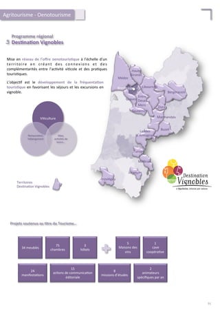 Irouléguy	
  
Jurançon	
  
Madiran	
  
Tursan	
  
Médoc	
  
Bergeracois	
  
Buzet	
  
Entre	
  
Deux	
  
Mers	
  
Libournais	
  
Haute	
  
Gironde	
  
Graves	
  
Sauternes	
  
Duras	
  
Landes	
  
d’Armagnac	
  
Marmandais	
  
Bordeaux	
  
Mise	
  en	
  réseau	
  de	
  l’oﬀre	
  oenotouris;que	
  à	
  l’échelle	
  d’un	
  
territoire	
   en	
   créant	
   des	
   connexions	
   et	
   des	
  
complémentarités	
   entre	
   l’ac/vité	
   vi/cole	
   et	
   des	
   pra/ques	
  
touris/ques.	
  
L’objec/f	
   est	
   le	
   développement	
   de	
   la	
   fréquenta;on	
  
touris;que	
  en	
  favorisant	
  les	
  séjours	
  et	
  les	
  excursions	
  en	
  
vignoble.	
  
Vi/culture	
  
Restaura/on,	
  
hébergement
…	
  
Sites,	
  
ac/vités	
  de	
  
loisirs…	
  
Projets	
  soutenus	
  au	
  ;tre	
  du	
  Tourisme…	
  
34	
  meublés	
  
75	
  
chambres	
  
3	
  
hôtels	
  
5	
  
Maisons	
  des	
  
vins	
  
1	
  
	
  cave	
  
coopéra/ve	
  
24	
  
manifesta/ons	
  
15	
  
ac/ons	
  de	
  communica/on	
  
éditoriale	
  
2	
  	
  
animateurs	
  
spéciﬁques	
  par	
  an	
  
8	
  
missions	
  d’études	
  
Territoires	
  
Des/na/on	
  Vignobles	
  
Programme	
  régional	
  
Le	
  	
  
Des;na;on	
  Vignobles	
  
Agritourisme	
  -­‐	
  Oenotourisme	
  
91	
  
 