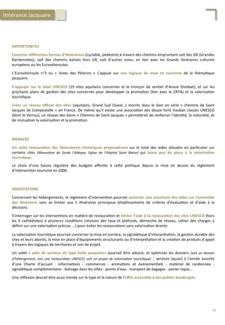 OPPORTUNITES	
  
	
  
Favoriser	
  diﬀérentes	
  formes	
  d’i;nérances	
  (cyclable,	
  pédestre)	
  à	
  travers	
  des	
  chemins	
  empruntant	
  soit	
  des	
  GR	
  (Grandes	
  
Randonnées),	
   soit	
   des	
   chemins	
   balisés	
   hors	
   GR,	
   soit	
   d’autres	
   voies,	
   en	
   lien	
   avec	
   les	
   Grands	
   i/néraires	
   culturels	
  
européens	
  ou	
  les	
  Eurovéloroutes.	
  
	
  
L’Eurovéloroute	
   n°3	
   ou	
   «	
   Voies	
   des	
   Pèlerins	
   »	
   s’appuie	
   sur	
   une	
   logique	
   de	
   mise	
   en	
   tourisme	
   de	
   la	
   théma/que	
  
jacquaire.	
  
	
  
S’appuyer	
   sur	
   le	
   label	
   UNESCO	
   (19	
   sites	
   aquitains	
   concernés	
   et	
   le	
   tronçon	
   de	
   sen/er	
   d’Aroue	
   Ostabat),	
   et	
   sur	
   les	
  
prochains	
  plans	
  de	
  ges/on	
  des	
  sites	
  concernés	
  pour	
  développer	
  la	
  promo/on	
  (lien	
  avec	
  le	
  CRTA)	
  et	
  la	
  valorisa/on	
  
touris/que.	
  
	
  
Créer	
   un	
   réseau	
   oﬃciel	
   des	
   sites	
   (aquitains,	
   Grand	
   Sud	
   Ouest…)	
   inscrits	
   dans	
   le	
   bien	
   en	
   série	
   «	
   chemins	
   de	
   Saint	
  
Jacques	
  de	
  Compostelle	
  »	
  en	
  France.	
  De	
  même	
  qu’il	
  existe	
  une	
  associa/on	
  des	
  douze	
  forts	
  Vauban	
  classés	
  UNESCO	
  
(dont	
  le	
  Verrou),	
  un	
  réseau	
  des	
  biens	
  «	
  Chemins	
  de	
  Saint-­‐Jacques	
  »	
  perme4rait	
  de	
  renforcer	
  l’iden/té,	
  la	
  notoriété,	
  et	
  
de	
  mutualiser	
  la	
  valorisa/on	
  et	
  la	
  promo/on.	
  
MENACES	
  
	
  
Un	
   volet	
   restaura;on	
   des	
   Monuments	
   Historiques	
   prépondérant	
   sur	
   le	
   total	
   des	
   aides	
   allouées	
   en	
   par/culier	
   sur	
  
certains	
   sites	
   (Monastère	
   de	
   Sorde	
   l’Abbaye,	
   Eglise	
   de	
   l’Hôpital	
   Saint	
   Blaise)	
   qui	
   laisse	
   peu	
   de	
   place	
   à	
   la	
   valorisa;on	
  
touris;que.	
  
	
  
Le	
   choix	
   d’une	
   baisse	
   régulière	
   des	
   budgets	
   aﬀectés	
   à	
   ce4e	
   poli/que	
   depuis	
   la	
   mise	
   en	
   œuvre	
   du	
   règlement	
  
d’interven/on	
  tourisme	
  en	
  2006.	
  
I/nérance	
  Jacquaire	
  
ORIENTATIONS	
  
	
  
Concernant	
  les	
  hébergements,	
  le	
  règlement	
  d’interven/on	
  pourrait	
  autoriser	
  une	
  ouverture	
  des	
  aides	
  sur	
  l’ensemble	
  
des	
   i;néraires	
   sans	
   se	
   limiter	
   aux	
   5	
   i/néraires	
   principaux	
   (établissements	
   de	
   critères	
   d’évalua/on	
   et	
   d’aide	
   à	
   la	
  
décision).	
  
	
  
S’interroger	
  sur	
  les	
  interven/ons	
  en	
  ma/ère	
  de	
  restaura/on	
  et	
  limiter	
  l’aide	
  à	
  la	
  restaura;on	
  des	
  sites	
  UNESCO	
  (hors	
  
les	
   5	
   cathédrales)	
   à	
   plusieurs	
   condi/ons	
   (révision	
   des	
   taux	
   et	
   plafonds,	
   démarche	
   de	
   réseau,	
   cahier	
   des	
   charges	
   à	
  
déﬁnir	
  sur	
  une	
  valorisa/on	
  précise,	
  …)	
  pour	
  éviter	
  les	
  restaura/ons	
  sans	
  valorisa/on	
  directe.	
  
	
  
La	
  valorisa/on	
  touris/que	
  pourrait	
  concerner	
  la	
  mise	
  en	
  lumière,	
  la	
  signalé/que	
  d’interpréta/on,	
  la	
  ges/on	
  durable	
  des	
  
sites	
  et	
  leurs	
  abords,	
  la	
  mise	
  en	
  place	
  d’équipements	
  structurants	
  ou	
  d’interpréta/on	
  et	
  la	
  créa/on	
  de	
  produits	
  d’appel	
  
à	
  travers	
  des	
  logiques	
  de	
  territoires	
  et	
  non	
  de	
  projet.	
  
	
  
Un	
  volet	
  «	
  pôle	
  de	
  services	
  de	
  type	
  halte	
  jacquaire»	
  pourrait	
  être	
  adossé,	
  et	
  op/miser	
  les	
  dossiers	
  (soit	
  un	
  dossier	
  
d’hébergement,	
  soit	
  une	
  restaura'on	
  UNESCO,	
  soit	
  un	
  projet	
  de	
  valorisa'on	
  touris'que)	
  :	
  services	
  (quasi)	
  à	
  l’année	
  assor/s	
  
d’une	
   Charte	
   d’accueil	
   :	
   informa/ons	
   -­‐	
   commerces	
   -­‐	
   anima/ons	
   et	
   événemen/els	
   -­‐	
   matériel	
   de	
   randonnée	
   -­‐	
  
signalé/que	
  complémentaire	
  -­‐	
  balisage	
  dans	
  les	
  villes	
  -­‐	
  points	
  d’eau	
  -­‐	
  transport	
  de	
  bagages	
  -­‐	
  panier	
  repas…	
  
	
  
Une	
  réﬂexion	
  devrait	
  être	
  aussi	
  menée	
  sur	
  le	
  type	
  et	
  la	
  nature	
  de	
  l’oﬀre	
  accessible	
  à	
  des	
  publics	
  handicapés.	
  
99	
  
 