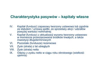Charakterystyka pasywów – kapitały własne IV. Kapitał (fundusz) zapasowy tworzony ustawowo lub zgodnie ze statutem / umową spółki, ze sprzedaży akcji / udziałów powyżej wartości nominalnej V. Kapitał (fundusz) z aktualizacji wyceny tworzony ustawowo w momencie przeszacowania środków trwałych, a także inwestycji długoterminowych VI.  Pozostałe (fundusze) rezerwowe VII.  Zysk (strata) z lat ubiegłych VIII.  Zysk (strata) netto IX.  Odpisy z zysku netto w ciągu roku obrotowego (wielkość ujemna) 