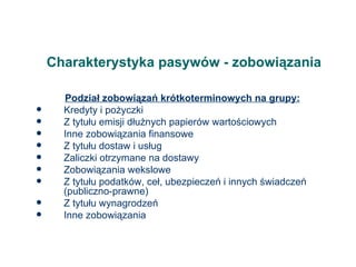 Charakterystyka pasywów - zobowiązania Podział zobowiązań krótkoterminowych na grupy: Kredyty i pożyczki Z tytułu emisji dłużnych papierów wartościowych Inne zobowiązania finansowe Z tytułu dostaw i usług Zaliczki otrzymane na dostawy Zobowiązania wekslowe Z tytułu podatków, ceł, ubezpieczeń i innych świadczeń (publiczno-prawne) Z tytułu wynagrodzeń Inne zobowiązania 