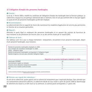 3/ L’obligation d’emploi des personnes handicapées
❶ Constat :
La loi du 11 février 2005 a modifié les conditions de l’obligation d’emploi des handicapés dans la fonction publique. La
collectivité a toujours eu une politique volontariste dans ce domaine, mais ne sait pas comment elle se situe par rapport
au quota de 6 % de personnes handicapées qu’elle doit employer.

❷ Recommandation :
La collectivité doit être en capacité de choisir dès maintenant les modalités d’application de la loi les plus pertinentes
en fonction de sa situation particulière.

❸ Objectif :
Atteindre le quota légal en employant des personnes handicapées et en passant des contrats de fourniture de
sous-traitance ou de prestations de services avec un ou des centres d’aide par le travail (CAT).

❹ Tableaux de bord :
Ces tableaux sont mis à jour à chaque événement : reclassement, recrutement d’une personne handicapée, départ
d’une personne handicapée, sous-traitance.
Nombre de personnes handicapées employées en 2005
Taux d’emploi des travailleurs handicapés* en 2005
Quota - obligation légale
Nombre de personnes handicapées correspondant à l’obligation légale
Nombre d’agents à recruter pour atteindre l’obligation légale

38
5.48 %
6%
41
3

Répartition de personnes handicapées employées en 2005
Handicapés COTOREP
Fonctionnaires inaptes ou reclassés
Titulaires d’une allocation temporaire d’invalidité
Victimes d’une maladie professionnelle
CAT

20
6
11
1
0

*nombre de travailleurs handicapés employés par la collectivité (travailleurs handicapés + équivalent bénéficiaire)
effectif total de la collectivité

➎ Décision aux regards des indicateurs :
Au sein de la collectivité, quatre agents sont en attente de reclassement pour inaptitude physique. Sans attendre que
ces reclassements deviennent effectifs, la collectivité décide de sous traiter à partir de janvier 2006 le blanchissage
de vêtements de travail à un CAT situé sur la commune. Le contrat passé correspondra à 1 poste créé.

22

 