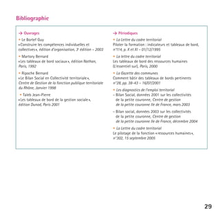 Bibliographie
> Ouvrages

> Périodiques

• Le Bortef Guy
« Construire les compétences individuelles et
collectives », édition d’organisation, 3e édition – 2003

• La Lettre du cadre territorial
Piloter la formation : indicateurs et tableaux de bord,
n°114, p. X et XI – 01/12/1995

• Martory Bernard
« Les tableaux de bord sociaux », édition Nathan,
Paris, 1992

• La lettre du cadre territorial
Les tableaux de bord des ressources humaines
(L’essentiel sur), Paris, 2000

• Ripoche Bernard
« Le Bilan Social en Collectivité territoriale »,
Centre de Gestion de la fonction publique territoriale
du Rhône, Janvier 1998

• La Gazette des communes
Comment bâtir des tableaux de bords pertinents
n°28, pp. 38-43 – 16/07/2001

• Taïeb Jean-Pierre
« Les tableaux de bord de la gestion sociale »,
édition Dunod, Paris 2001

• Les diagnostics de l’emploi territorial
- Bilan Social, données 2001 sur les collectivités
de la petite couronne, Centre de gestion
de la petite couronne Ile de France, mars 2003
- Bilan social, données 2003 sur les collectivités
de la petite couronne, Centre de gestion
de la petite couronne Ile de France, décembre 2004
• La Lettre du cadre territorial
Le pilotage de la fonction « ressources humaines »,
n°302, 15 septembre 2005

29

 