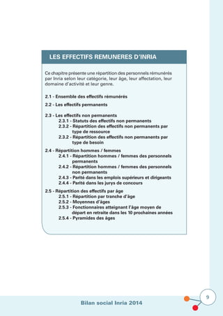 Bilan social Inria 2014
9
Ce chapitre présente une répartition des personnels rémunérés
par Inria selon leur catégorie, leur âge, leur affectation, leur
domaine d’activité et leur genre.
2.1 - Ensemble des effectifs rémunérés
2.2 - Les effectifs permanents
	
2.3 - Les effectifs non permanents
	 2.3.1 - Statuts des effectifs non permanents
	 2.3.2 - Répartition des effectifs non permanents par 	
		 type de ressource
	 2.3.2 - Répartition des effectifs non permanents par 	
		 type de besoin
2.4 - Répartition hommes / femmes
	 2.4.1 - Répartition hommes / femmes des personnels 	
		permanents
	 2.4.2 - Répartition hommes / femmes des personnels 	
		non permanents
	 2.4.3 - Parité dans les emplois supérieurs et dirigeants
	 2.4.4 - Parité dans les jurys de concours
2.5 - Répartition des effectifs par âge
	 2.5.1 - Répartition par tranche d’âge
	 2.5.2 - Moyennes d’âges
	 2.5.3 - Fonctionnaires atteignant l’âge moyen de 		
	 départ en retraite dans les 10 prochaines années
	 2.5.4 - Pyramides des âges	
LES EFFECTIFS REMUNERES D’INRIA
 
