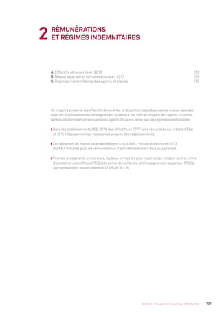 131Volume 2 - Enseignement supérieur et Recherche
A. Effectifs rémunérés en 2013 132
B. Masse salariale et rémunérations en 2013 134
C. Régimes indemnitaires des agents titulaires 139
2.
RÉMUNÉRATIONS
ET RÉGIMES INDEMNITAIRES
Ce chapitre présente les effectifs rémunérés, la répartition des dépenses de masse salariale
dans les établissements d’enseignement supérieur, les indices moyens des agents titulaires,
la rémunération nette mensuelle des agents titulaires, ainsi que les régimes indemnitaires.
Dans les établissements RCE, 87% des effectifs en ETPT sont rémunérés sur crédits d’État
et 13% intégralement sur ressources propres des établissements.
Les dépenses de masse salariale s’élèvent à plus de 9,2 milliards d’euros en 2013
dont 5,1 milliards pour les rémunérations d’activité (traitement brut plus primes).
Pour les enseignants-chercheurs, les deux primes les plus importantes versées sont la prime
d’excellence scientiﬁque (PES) et la prime de recherche et d’enseignement supérieur (PRES),
qui représentent respectivement 37,4% et 36,1%.
MEN_BilanSocial2014_vol2.indb 131 26/03/15 14:10
 