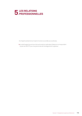 175Volume 2 - Enseignement supérieur et Recherche
5.
LES RELATIONS
PROFESSIONNELLES
Ce chapitre présente les moyens humains accordés aux syndicats.
Les décharges de service et les autorisations spéciales d’absence correspondent
à près de 400 ETP pour les personnels de l’enseignement supérieur.
MEN_BilanSocial2014_vol2.indb 175 26/03/15 14:10
 