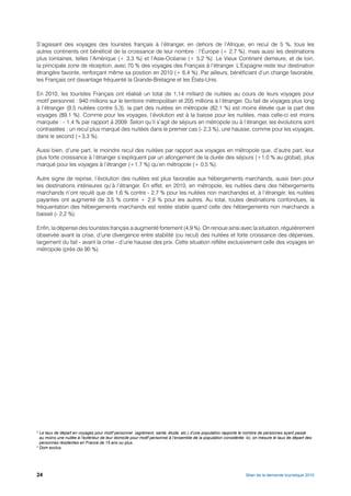 S’agissant des voyages des touristes français à l’étranger, en dehors de l’Afrique, en recul de 5 %, tous les
autres continents ont bénéficié de la croissance de leur nombre : l’Europe (+ 2,7 %), mais aussi les destinations
plus lointaines, telles l’Amérique (+ 3,3 %) et l’Asie-Océanie (+ 5,2 %). Le Vieux Continent demeure, et de loin,
la principale zone de réception, avec 70 % des voyages des Français à l’étranger. L’Espagne reste leur destination
étrangère favorite, renforçant même sa position en 2010 (+ 6,4 %). Par ailleurs, bénéficiant d’un change favorable,
les Français ont davantage fréquenté la Grande-Bretagne et les États-Unis.

En 2010, les touristes Français ont réalisé un total de 1,14 milliard de nuitées au cours de leurs voyages pour
motif personnel : 940 millions sur le territoire métropolitain et 205 millions à l’étranger. Du fait de voyages plus long
à l’étranger (9,5 nuitées contre 5,3), la part des nuitées en métropole (82,1 %) est moins élevée que la part des
voyages (89,1 %). Comme pour les voyages, l’évolution est à la baisse pour les nuitées, mais celle-ci est moins
marquée : - 1,4 % par rapport à 2009. Selon qu’il s’agit de séjours en métropole ou à l’étranger, les évolutions sont
contrastées : un recul plus marqué des nuitées dans le premier cas (- 2,3 %), une hausse, comme pour les voyages,
dans le second (+3,3 %).

Aussi bien, d’une part, le moindre recul des nuitées par rapport aux voyages en métropole que, d’autre part, leur
plus forte croissance à l’étranger s’expliquent par un allongement de la durée des séjours (+1,0 % au global), plus
marqué pour les voyages à l’étranger (+1,7 %) qu’en métropole (+ 0,5 %).

Autre signe de reprise, l’évolution des nuitées est plus favorable aux hébergements marchands, aussi bien pour
les destinations intérieures qu’à l’étranger. En effet, en 2010, en métropole, les nuitées dans des hébergements
marchands n’ont reculé que de 1,6 % contre - 2,7 % pour les nuitées non marchandes et, à l’étranger, les nuitées
payantes ont augmenté de 3,5 % contre + 2,9 % pour les autres. Au total, toutes destinations confondues, la
fréquentation des hébergements marchands est restée stable quand celle des hébergements non marchands a
baissé (- 2,2 %).

Enfin, la dépense des touristes français a augmenté fortement (4,9 %). On renoue ainsi avec la situation, régulièrement
observée avant la crise, d’une divergence entre stabilité (ou recul) des nuitées et forte croissance des dépenses,
largement du fait - avant la crise - d’une hausse des prix. Cette situation reflète exclusivement celle des voyages en
métropole (près de 90 %).




2
  Le taux de départ en voyages pour motif personnel (agrément, santé, étude, etc.) d’une population rapporte le nombre de personnes ayant passé
  au moins une nuitée à l’extérieur de leur domicile pour motif personnel à l’ensemble de la population considérée. Ici, on mesure le taux de départ des
  personnes résidentes en France de 15 ans ou plus.
3
  Dom exclus.




24                                                                                                                 Bilan de la demande touristique 2010
 