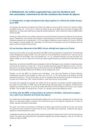 4. Globalement, les nuitées augmentent peu mais les situations sont
très contrastées, notamment du fait des variations des durées de séjours


4.1 Globalement, un léger allongement des séjours génère 2,7 millions de nuitées de plus
qu’en 2009

Les touristes internationaux ont réalisé 514,9 millions de nuitées en France en 2010, contre 512,2 millions en 2009 :
une légère hausse, de + 0,5 % soit 2,7 millions de nuitées de plus qu’en 2009, pour la première fois depuis 2007
(tableau 5a). Le niveau reste néanmoins en deçà des années antérieures : 526,2 millions de nuitées en 2008 et 536,3
millions en 2007.

Arrivées et nuitées sont bien sûr corrélées. Néanmoins les écarts d’évolution traduisent les variations de la durée des
séjours. Globalement, leurs arrivées restant stables, l’augmentation du nombre des nuitées des touristes étrangers
s’explique totalement par un allongement (+0,5 % par rapport à 2009) de la durée moyenne (6,7 jours en 2010) de
leurs voyages en France (tableau 5b). Cependant, une fois encore, les évolutions sont très contrastées selon les
pays ou zones de résidence des touristes.

4.2 Les touristes allemands et des BRIC ont peu allongé leurs séjours en France

Comme pour les arrivées, les touristes allemands et des BRIC contribuent largement à l’augmentation d’ensemble des
nuitées étrangères par rapport à 2009 : avec une hausse de 7,3 % les Allemands contribuent pour 1 point au taux de
croissance de 0,5 % et les BRIC, avec une croissance de +31,1 %, contribuent fortement eux aussi (0,9 point). Par
rapport à 2009, ce sont 5,2 millions et 4,4 millions de nuitées supplémentaires que réalisent les touristes de ces deux
zones.

Néanmoins, la contribution des BRIC serait comparable à celle de l’Allemagne si leurs clientèles n’avaient pas réduit
la durée de leurs séjours en France (de 1,1 %) et les touristes allemands augmenté légèrement la leur (+0,8 %) :
alors que le surcroît de nuitées allemandes en 2010 est dû pour plus de 600 000 à l’allongement des séjours, il est
réduit de près de 300 000 nuitées pour les BRIC du fait de voyages plus courts.

Toutefois, au sein des BRIC, les situations sont contrastées : ainsi, alors que Brésiliens et Russes réduisent
sensiblement la durée de leurs voyages en France (de - 6,6 % et - 3,7 %), les touristes en provenance de l’Inde
augmentent fortement (+10,4 %) la leur. Mais, les taux de croissance des arrivées des touristes en provenance de
ces pays sont si élevés que l’effet « durées de séjours » reste dans tous les cas secondaire.

Une façon plus frappante de présenter ces chiffres est de les exprimer en journées d’activité supplémentaires
par rapport à l’année 2009 : en 2009, près de 200 000 touristes allemands étaient, en moyenne, quotidiennement
présents sur le territoire national. Le surcroît de nuitées allemandes en 2010 correspond à 27 de ces « jours moyens
de 2009 ». Pour les BRIC, le surcroît est de 113 jours ! (cf. dernière colonne des tableaux 5a et 6a).

4.3 Outre celle des BRIC, la fréquentation de certaines clientèles, notamment européen-
nes, a pâti d’une réduction de la durée des séjours

Les nuitées des touristes belges et luxembourgeois (tableau 6b) ne sont que peu impactées par la durée de leurs
séjours, qui reste assez stable en moyenne, et ne creuse donc pas un recul déjà très important de 1,7 million de
nuitées, résultant d’arrivées en forte baisse.

Par contre, les touristes en provenance du Portugal et d’Irlande, pays durement touchés par la crise, sont arrivés
non seulement moins nombreux en France mais, en outre, y sont restés moins longtemps : la réduction des séjours
explique la moitié de la perte de nuitées.

L’intégralité des pertes de nuitées des touristes suisses et espagnols s’explique par le fort recul de la durée de leurs
séjours. Ces pertes sont particulièrement importantes s’agissant des touristes espagnols : plus de 1,6 million de
nuitées par rapport à 2009.



38                                                                                        Bilan de la demande touristique 2010
 