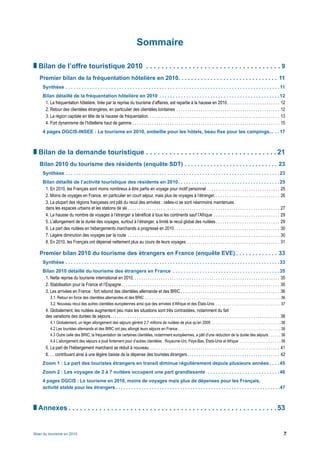 Sommaire

█   Bilan de l’offre touristique 2010  .  .  .  .  .  .  .  .  .  .  .  .  .  .  .  .  .  .  .  .  .  .  .  .  .  .  .  .  .  .  .  .  .  .  . 9
    Premier bilan de la fréquentation hôtelière en 2010 .  .  .  .  .  .  .  .  .  .  .  .  .  .  .  .  .  .  .  .  .  .  .  .  .  .  .  .  .  .  . 11
       Synthèse  .  .  .  .  .  .  .  .  .  .  .  .  .  .  .  .  .  .  .  .  .  .  .  .  .  .  .  .  .  .  .  .  .  .  .  .  .  .  .  .  .  .  .  .  .  .  .  .  .  .  .  .  .  .  .  .  .  .  .  .  .  .  .  .  .  .  .  .  .  .  .  .  .  .  .  .  .  .  .  . 11
       Bilan détaillé de la fréquentation hôtelière en 2010  .  .  .  .  .  .  .  .  .  .  .  .  .  .  .  .  .  .  .  .  .  .  .  .  .  .  .  .  .  .  .  .  .  .  .  .  .  .  .  .  .  .  .  .  . 12
        1. La fréquentation hôtelière, tirée par la reprise du tourisme d’affaires, est repartie à la hausse en 2010 . . . . . . . . . . . . . . . . . . . . . . . . 12
        2. Retour des clientèles étrangères, en particulier des clientèles lointaines . . . . . . . . . . . . . . . . . . . . . . . . . . . . . . . . . . . . . . . . . . . . . . . 12
        3. La région capitale en tête de la hausse de fréquentation . . . . . . . . . . . . . . . . . . . . . . . . . . . . . . . . . . . . . . . . . . . . . . . . . . . . . . . . . . . . 13
        4. Fort dynamisme de l’hôtellerie haut de gamme . . . . . . . . . . . . . . . . . . . . . . . . . . . . . . . . . . . . . . . . . . . . . . . . . . . . . . . . . . . . . . . . . . . 15
       4 pages DGCIS-INSEE : Le tourisme en 2010, embellie pour les hôtels, beau fixe pour les campings...  .  . 17



█   Bilan de la demande touristique  .  .  .  .  .  .  .  .  .  .  .  .  .  .  .  .  .  .  .  .  .  .  .  .  .  .  .  .  .  .  .  .  .  . 21
    Bilan 2010 du tourisme des résidents (enquête SDT)  .  .  .  .  .  .  .  .  .  .  .  .  .  .  .  .  .  .  .  .  .  .  .  .  .  .  .  .  . 23
       Synthèse  .  .  .  .  .  .  .  .  .  .  .  .  .  .  .  .  .  .  .  .  .  .  .  .  .  .  .  .  .  .  .  .  .  .  .  .  .  .  .  .  .  .  .  .  .  .  .  .  .  .  .  .  .  .  .  .  .  .  .  .  .  .  .  .  .  .  .  .  .  .  .  .  .  .  .  .  .  .  .  . 23
       Bilan détaillé de l’activité touristique des résidents en 2010  .  .  .  .  .  .  .  .  .  .  .  .  .  .  .  .  .  .  .  .  .  .  .  .  .  .  .  .  .  .  .  .  .  .  .  .  .  . 25
        1. En 2010, les Français sont moins nombreux à être partis en voyage pour motif personnel . . . . . . . . . . . . . . . . . . . . . . . . . . . . . . . . . 25
        2. Moins de voyages en France, en particulier en court séjour, mais plus de voyages à l’étranger. . . . . . . . . . . . . . . . . . . . . . . . . . . . . . 26
        3. La plupart des régions françaises ont pâti du recul des arrivées ; celles-ci se sont néanmoins maintenues
        dans les espaces urbains et les stations de ski . . . . . . . . . . . . . . . . . . . . . . . . . . . . . . . . . . . . . . . . . . . . . . . . . . . . . . . . . . . . . . . . . . . . . 27
        4. La hausse du nombre de voyages à l’étranger a bénéficié à tous les continents sauf l’Afrique . . . . . . . . . . . . . . . . . . . . . . . . . . . . . . 29
        5. L’allongement de la durée des voyages, surtout à l’étranger, a limité le recul global des nuitées . . . . . . . . . . . . . . . . . . . . . . . . . . . . . 29
        6. La part des nuitées en hébergements marchands a progressé en 2010 . . . . . . . . . . . . . . . . . . . . . . . . . . . . . . . . . . . . . . . . . . . . . . . . 30
        7. Légère diminution des voyages par la route . . . . . . . . . . . . . . . . . . . . . . . . . . . . . . . . . . . . . . . . . . . . . . . . . . . . . . . . . . . . . . . . . . . . . 30
        8. En 2010, les Français ont dépensé nettement plus au cours de leurs voyages . . . . . . . . . . . . . . . . . . . . . . . . . . . . . . . . . . . . . . . . . . 31

    Premier bilan 2010 du tourisme des étrangers en France (enquête EVE)  .  .  .  .  .  .  .  .  .  .  .  .  . 33
       Synthèse  .  .  .  .  .  .  .  .  .  .  .  .  .  .  .  .  .  .  .  .  .  .  .  .  .  .  .  .  .  .  .  .  .  .  .  .  .  .  .  .  .  .  .  .  .  .  .  .  .  .  .  .  .  .  .  .  .  .  .  .  .  .  .  .  .  .  .  .  .  .  .  .  .  .  .  .  .  .  .  . 33
       Bilan 2010 détaillé du tourisme des étrangers en France  .  .  .  .  .  .  .  .  .  .  .  .  .  .  .  .  .  .  .  .  .  .  .  .  .  .  .  .  .  .  .  .  .  .  .  .  .  .  .  . 35
        1. Nette reprise du tourisme international en 2010. . . . . . . . . . . . . . . . . . . . . . . . . . . . . . . . . . . . . . . . . . . . . . . . . . . . . . . . . . . . . . . . . . . 35
        2. Stabilisation pour la France et l’Espagne . . . . . . . . . . . . . . . . . . . . . . . . . . . . . . . . . . . . . . . . . . . . . . . . . . . . . . . . . . . . . . . . . . . . . . . . 35
        3. Les arrivées en France : fort rebond des clientèles allemande et des BRIC . . . . . . . . . . . . . . . . . . . . . . . . . . . . . . . . . . . . . . . . . . . . . 36
              3.1. Retour en force des clientèles allemandes et des BRIC . . . . . . . . . . . . . . . . . . . . . . . . . . . . . . . . . . . . . . . . . . . . . . . . . . . . . . . . . . . . . . . . . . . . . 36
              3.2. Nouveau recul des autres clientèles européennes ainsi que des arrivées d’Afrique et des États-Unis . . . . . . . . . . . . . . . . . . . . . . . . . . . . . . . . . 37
          4. Globalement, les nuitées augmentent peu mais les situations sont très contrastées, notamment du fait
          des variations des durées de séjours . . . . . . . . . . . . . . . . . . . . . . . . . . . . . . . . . . . . . . . . . . . . . . . . . . . . . . . . . . . . . . . . . . . . . . . . . . . . . 38
              4.1 Globalement, un léger allongement des séjours génère 2,7 millions de nuitées de plus qu’en 2009 . . . . . . . . . . . . . . . . . . . . . . . . . . . . . . . . . . . 38
              4.2 Les touristes allemands et des BRIC ont peu allongé leurs séjours en France . . . . . . . . . . . . . . . . . . . . . . . . . . . . . . . . . . . . . . . . . . . . . . . . . . . . 38
              4.3 Outre celle des BRIC, la fréquentation de certaines clientèles, notamment européennes, a pâti d’une réduction de la durée des séjours . . . . . . 38
              4.4 L’allongement des séjours a joué fortement pour d’autres clientèles : Royaume-Uni, Pays-Bas, États-Unis et Afrique . . . . . . . . . . . . . . . . . . . . . 39
          5. La part de l’hébergement marchand se réduit à nouveau … . . . . . . . . . . . . . . . . . . . . . . . . . . . . . . . . . . . . . . . . . . . . . . . . . . . . . . . . . 41
          6. … contribuant ainsi à une légère baisse de la dépense des touristes étrangers . . . . . . . . . . . . . . . . . . . . . . . . . . . . . . . . . . . . . . . . . . 42
       Zoom 1 : La part des touristes étrangers en transit diminue régulièrement depuis plusieurs années  .  .  .  . 45
       Zoom 2 : Les voyages de 2 à 7 nuitées occupent une part grandissante  .  .  .  .  .  .  .  .  .  .  .  .  .  .  .  .  .  .  .  .  .  .  .  .  .  .  . 46
       4 pages DGCIS : Le tourisme en 2010, moins de voyages mais plus de dépenses pour les Français,
       activité stable pour les étrangers  .  .  .  .  .  .  .  .  .  .  .  .  .  .  .  .  .  .  .  .  .  .  .  .  .  .  .  .  .  .  .  .  .  .  .  .  .  .  .  .  .  .  .  .  .  .  .  .  .  .  .  .  .  .  .  .  .  .  .  .  .  .  .  .47



█   Annexes  .  .  .  .  .  .  .  .  .  .  .  .  .  .  .  .  .  .  .  .  .  .  .  .  .  .  .  .  .  .  .  .  .  .  .  .  .  .  .  .  .  .  .  .  .  .  .  .  .  .  .  .  .  . 53


Bilan du tourisme en 2010                                                                                                                                                                                                                                       7
 