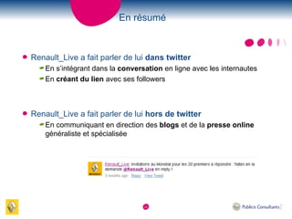 En résumé <ul><li>Renault_Live a fait   parler de lui  dans twitter  </li></ul><ul><ul><li>En s’intégrant dans la  convers...